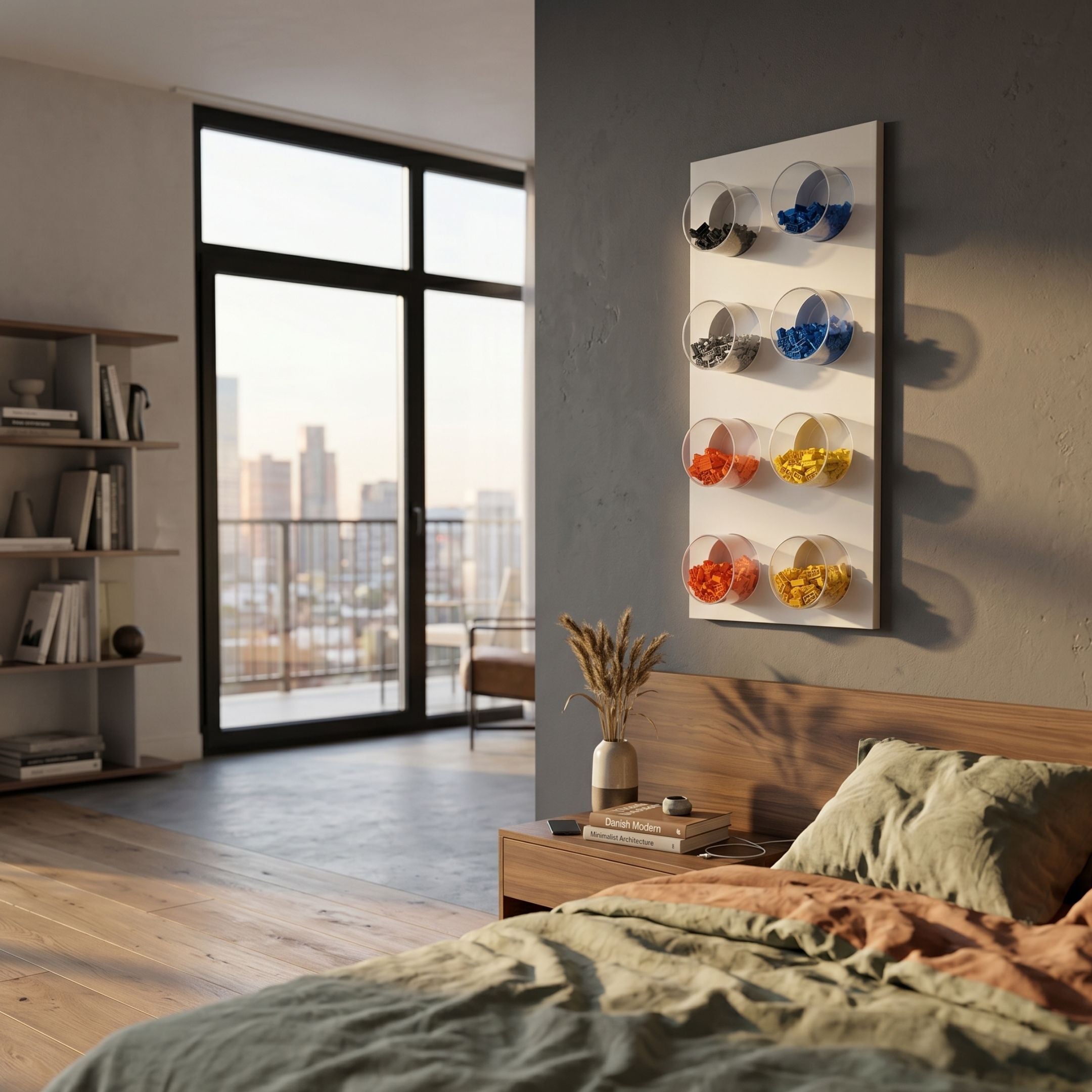 Blockform Multicolour Brick Pods Acrylic 3D Wall Art by Giant Sculptures, eight circular pods filled with blue, grey, red, and yellow bricks, in a modern bedroom.