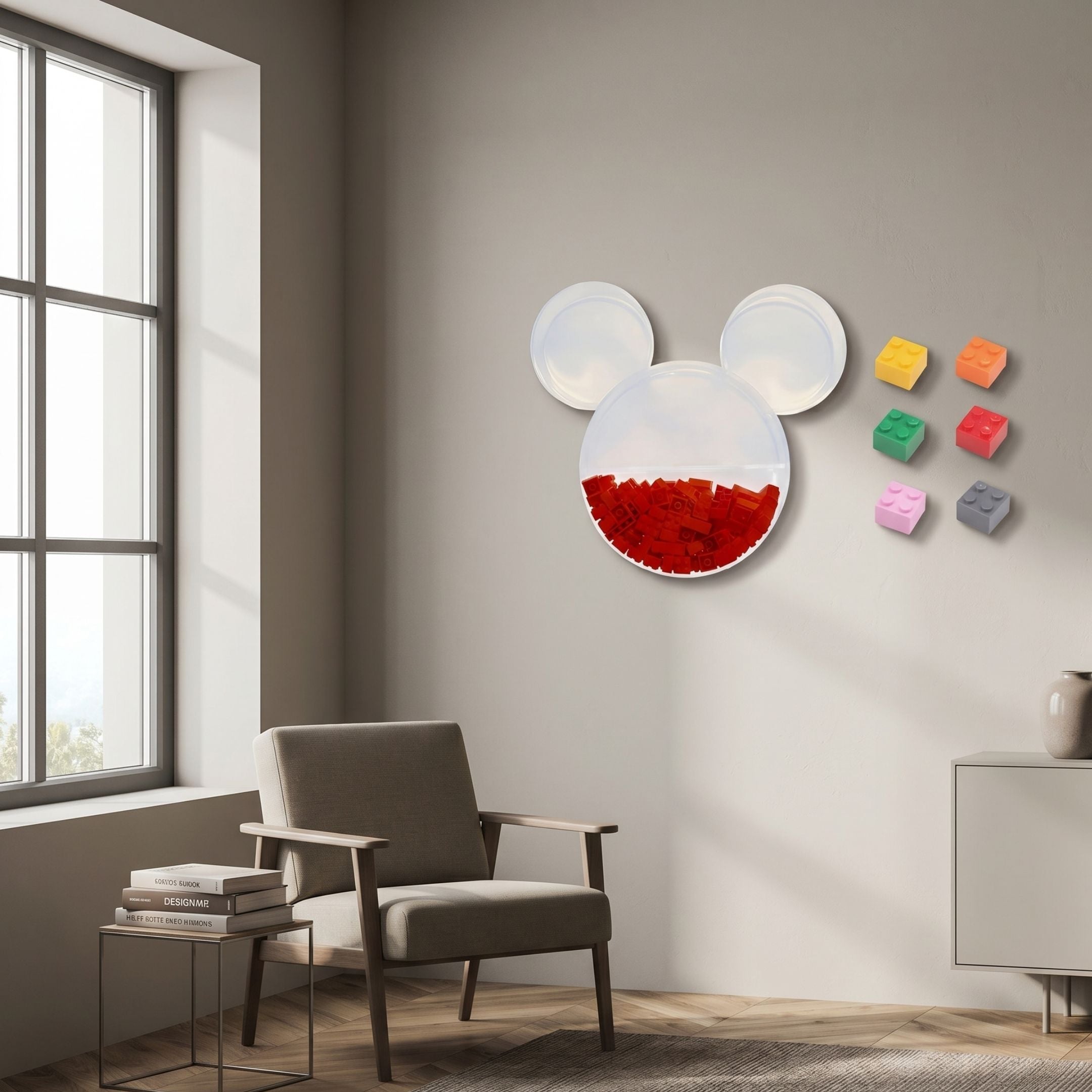Blockform Mickey Capsule Acrylic 3D Wall Art by Giant Sculptures, clear Mickey-head capsule filled with red bricks, beside six coloured bricks above a lounge chair.