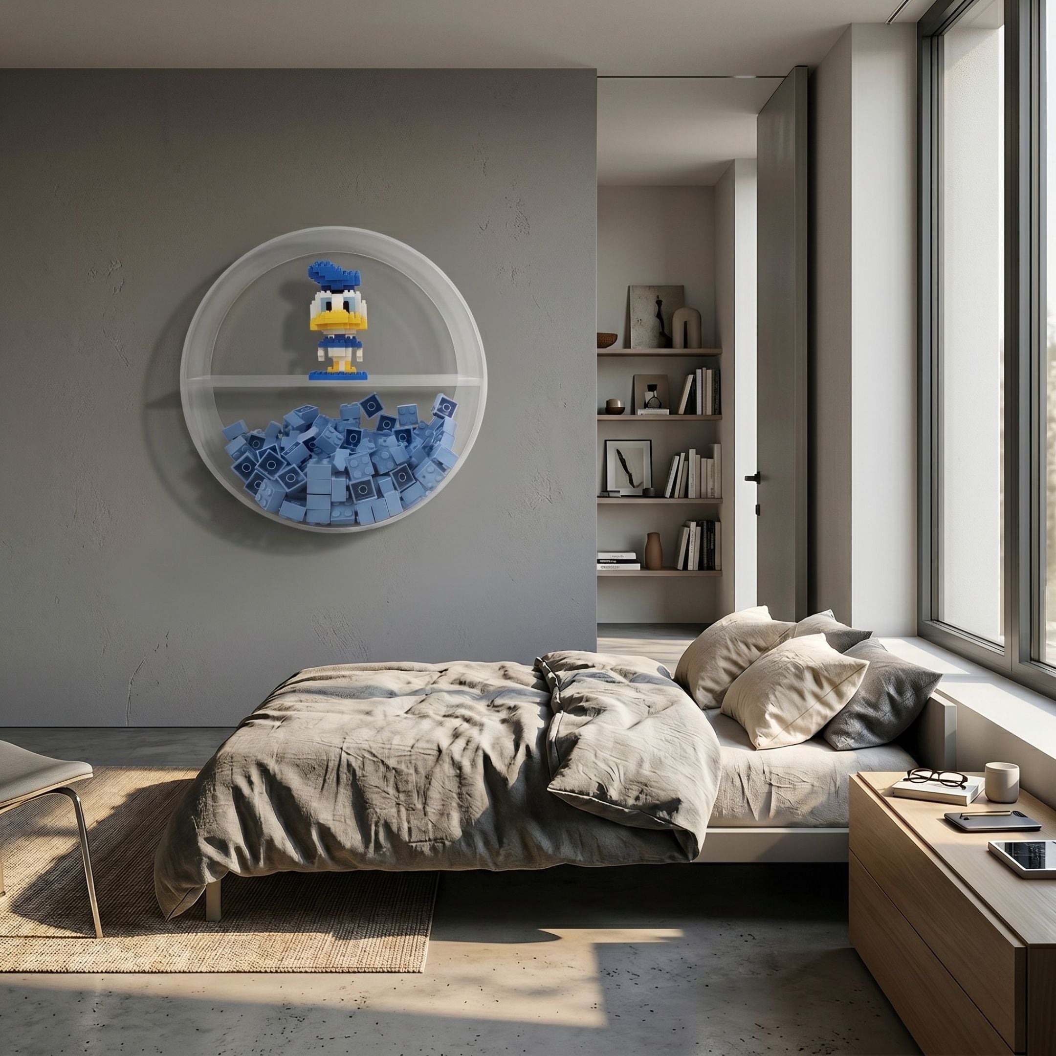 Blockform Donald Duck Blue Brick Lego Acrylic 3D Wall Art by Giant Sculptures displayed on a grey bedroom wall above a linen-dressed bed near a window.
