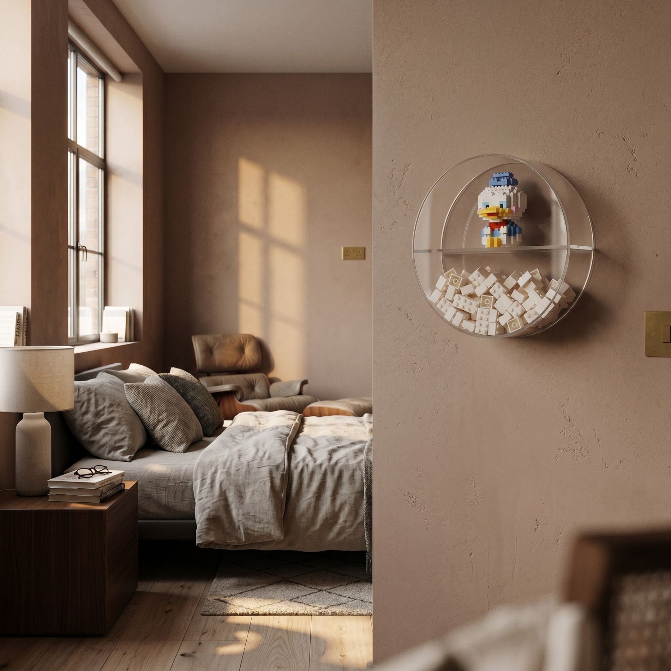 Lifestyle view of a round acrylic wall display holding a brick-built Donald Duck figure above loose white bricks, mounted on a beige wall beside a bedroom.
