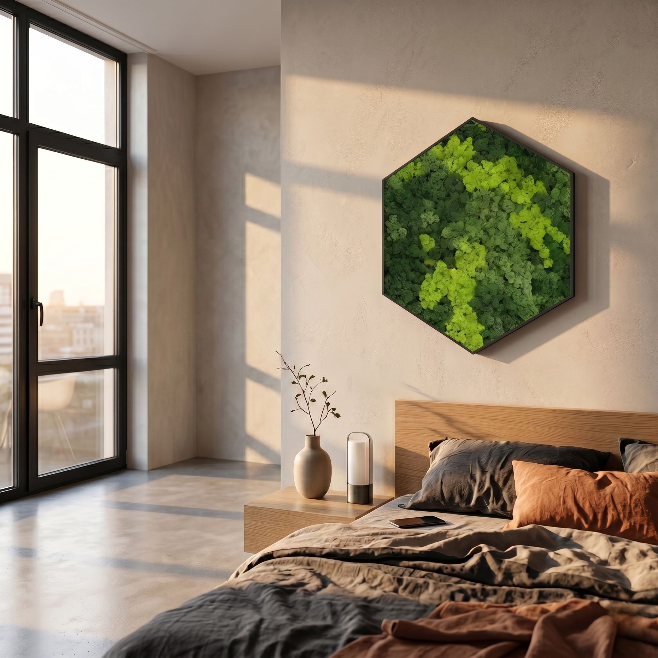 Verdura Hexagonal Green Moss 3D Wall Art by Giant Sculptures displayed above a wooden bed in a sunlit bedroom with beige walls and a tall window.