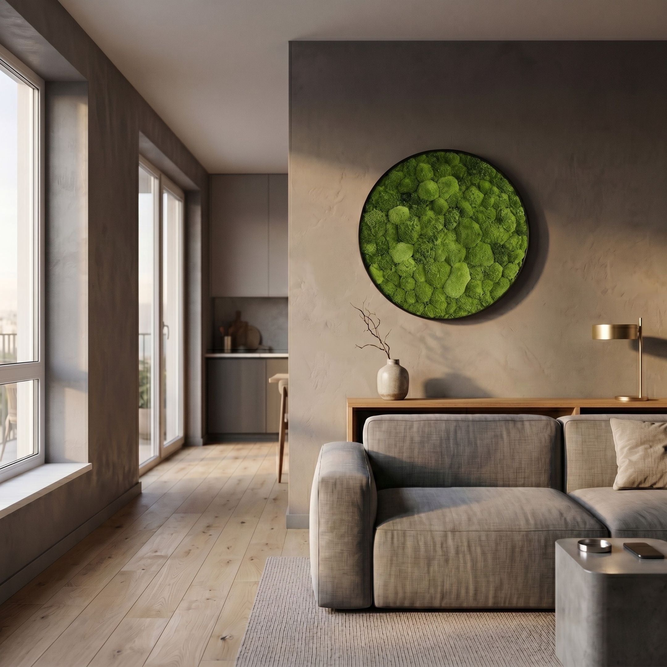 Verdura Round Green Moss Circle 3D Wall Art by Giant Sculptures mounted on a warm grey wall above a wooden console in a modern living room with grey sofa.