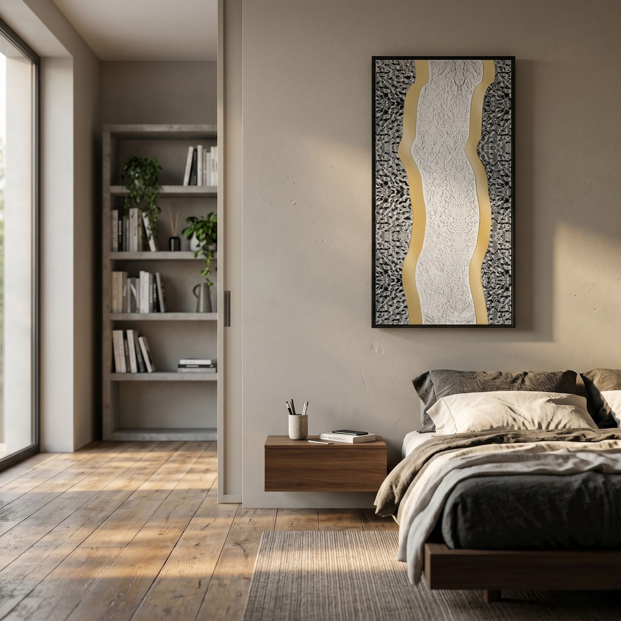 Serrana White & Silver Dual Wave II Vertical 3D Wall Art by Giant Sculptures, mounted above a walnut floating nightstand in a modern bedroom with bookshelf.