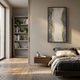 Serrana White & Silver Dual Wave II Vertical 3D Wall Art by Giant Sculptures, mounted above a walnut floating nightstand in a modern bedroom with bookshelf.