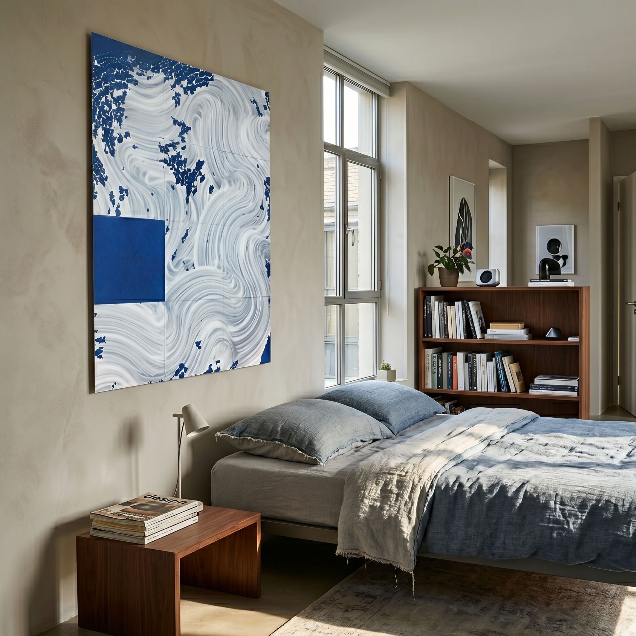 Averis Blue & White Textured Abstract 3D Wall Art by Giant Sculptures, displayed above a linen-dressed bed beside a tall window and walnut bookshelf in a modern bedroom.
