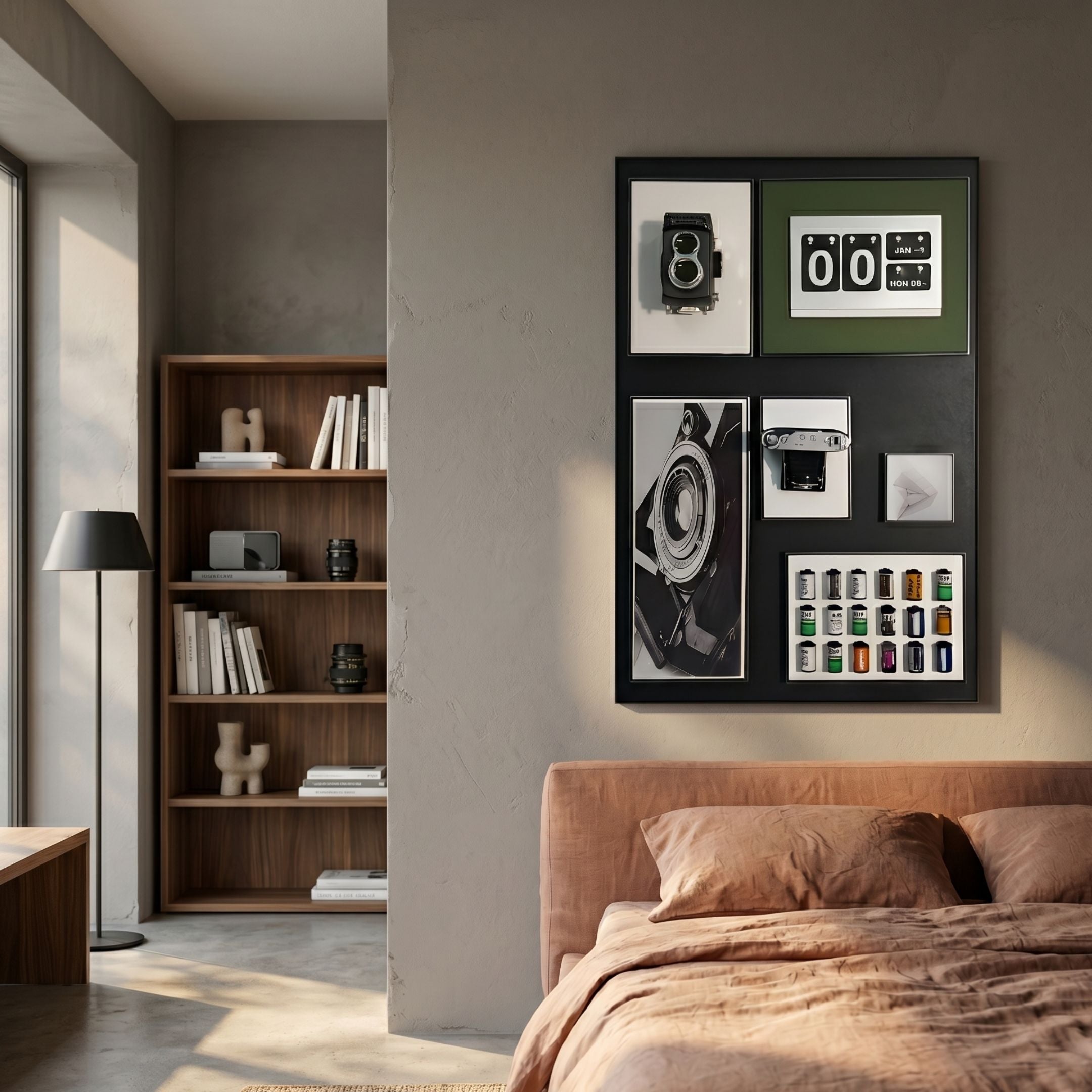 Optivis Studio Ledger Calendar 3D Wall Art by Giant Sculptures displayed above a terracotta bed, beside a walnut bookshelf in a warm neutral bedroom.