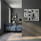 Optivis Classic Lens & Geometry Grid 3D Wall Art by Giant Sculptures displayed on a dark grey wall in a modern bedroom with a blue linen bed and bookshelf.