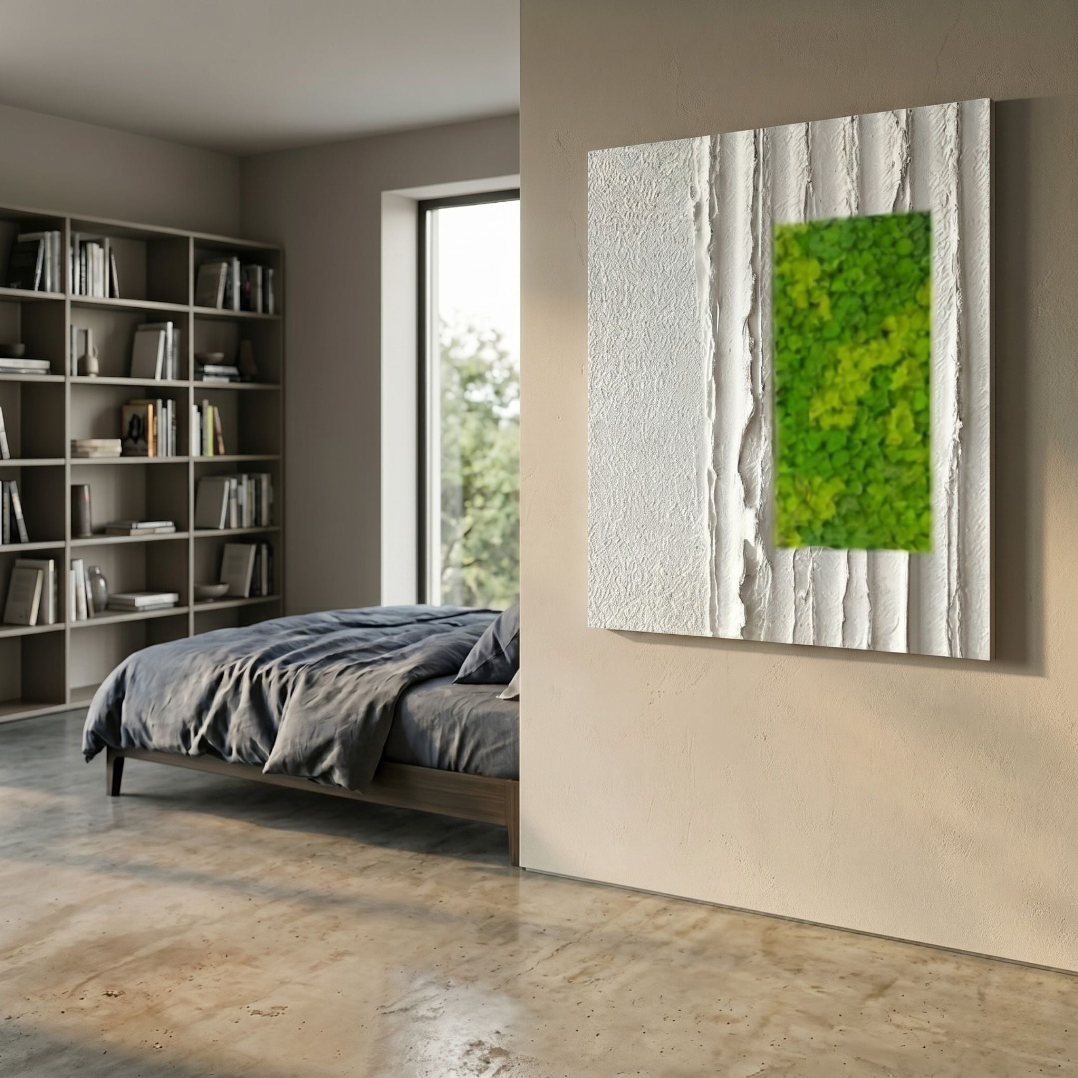 Verdure III White Ripple & Green Moss 3D Wall Art by Giant Sculptures mounted on a beige wall in a modern bedroom with grey bedding and a bookshelf.