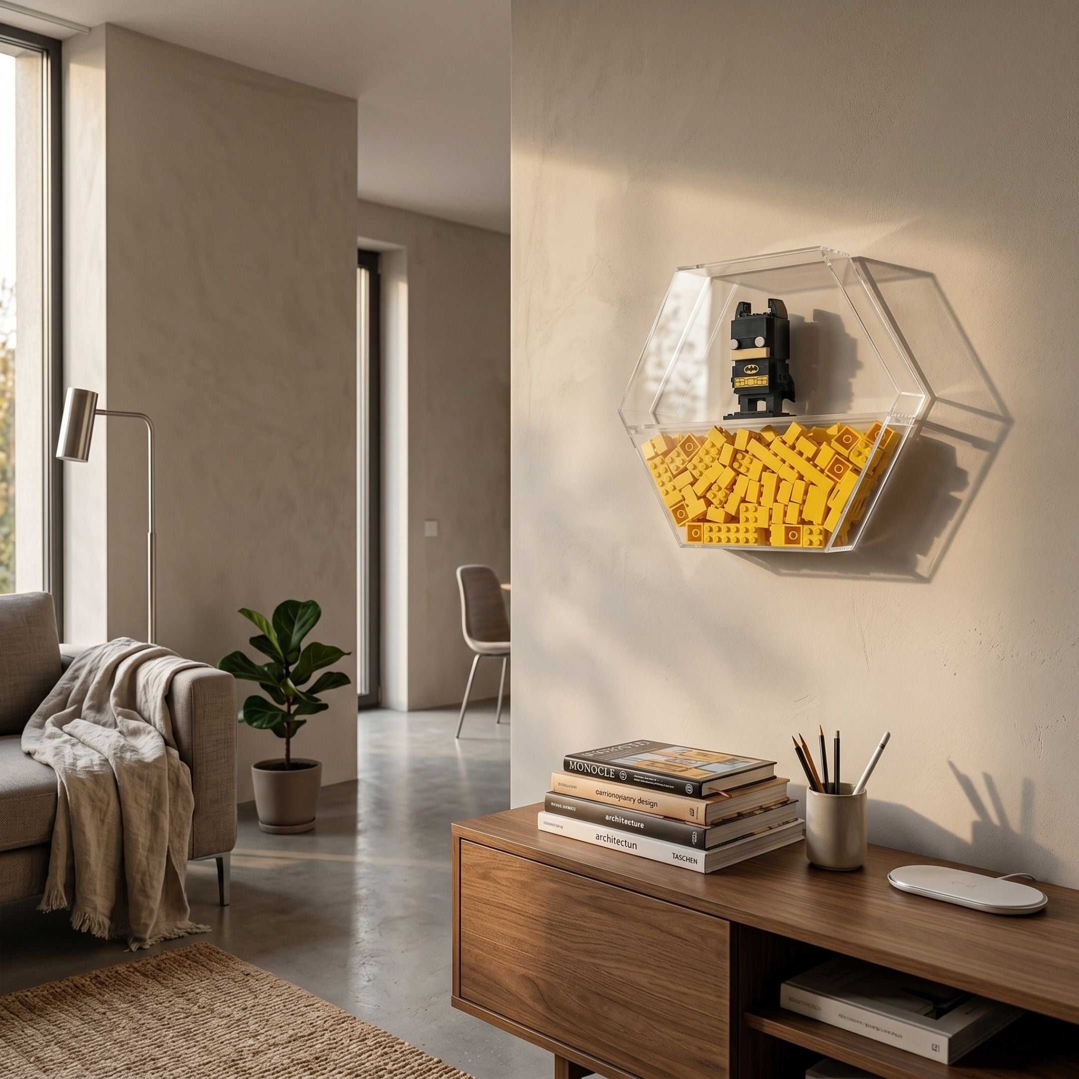 Blockform Batman Brick Lego Acrylic 3D Wall Art by Giant Sculptures, a clear hexagonal shadow box holding yellow bricks and a Batman figure, mounted in a modern living room.