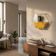 Blockform Batman Brick Lego Acrylic 3D Wall Art by Giant Sculptures, a clear hexagonal shadow box holding yellow bricks and a Batman figure, mounted in a modern living room.