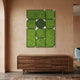 Verdura Square Green Moss Mosaic 3D Wall Art by Giant Sculptures, displayed above a walnut sideboard in a warm terracotta-walled room with a patterned rug.