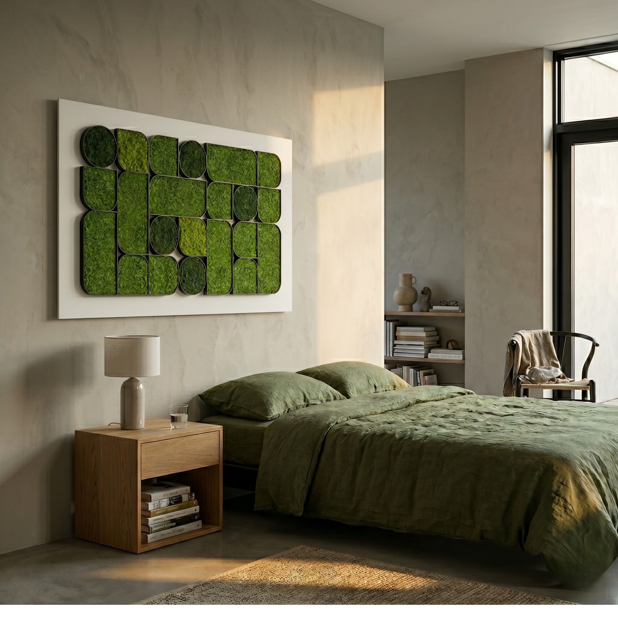 Verdura Modular Green Moss Mosaic 3D Wall Art by Giant Sculptures mounted above a bed with olive green linens, wooden nightstand, and bookshelf nook.