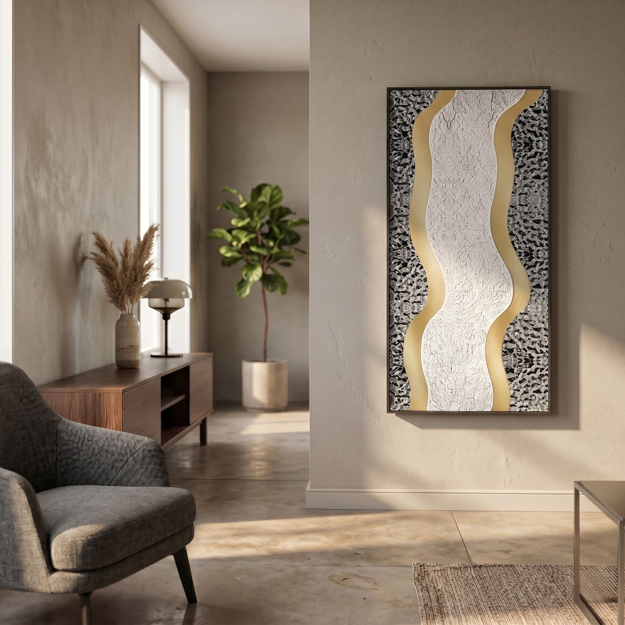 Serrana White & Silver Dual Wave I Vertical 3D Wall Art by Giant Sculptures displayed in a neutral living room beside a wooden sideboard and fiddle leaf plant.
