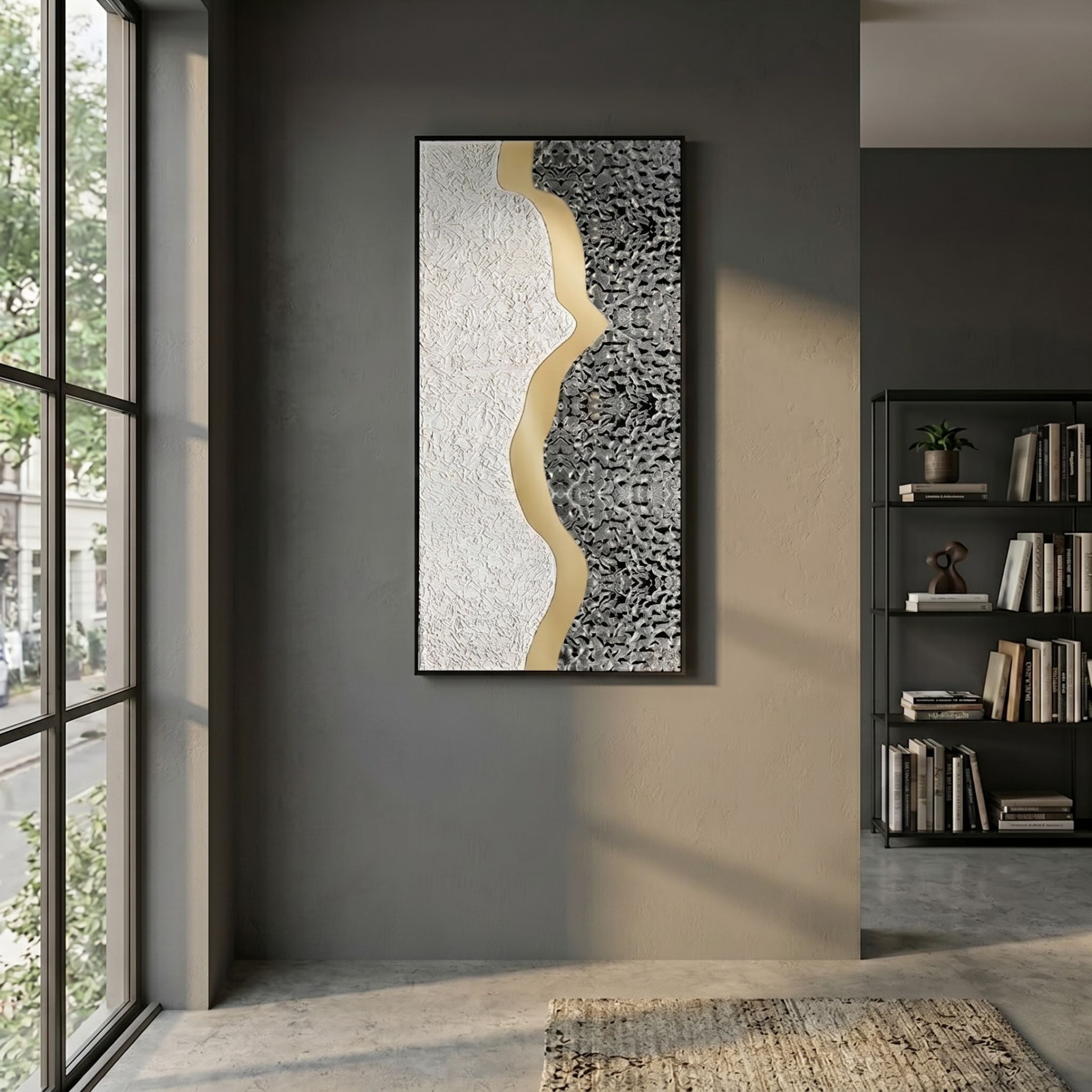 Serrana II White & Silver Wave Vertical 3D Wall Art by Giant Sculptures displayed on a grey hallway wall beside a tall window and black bookshelf.