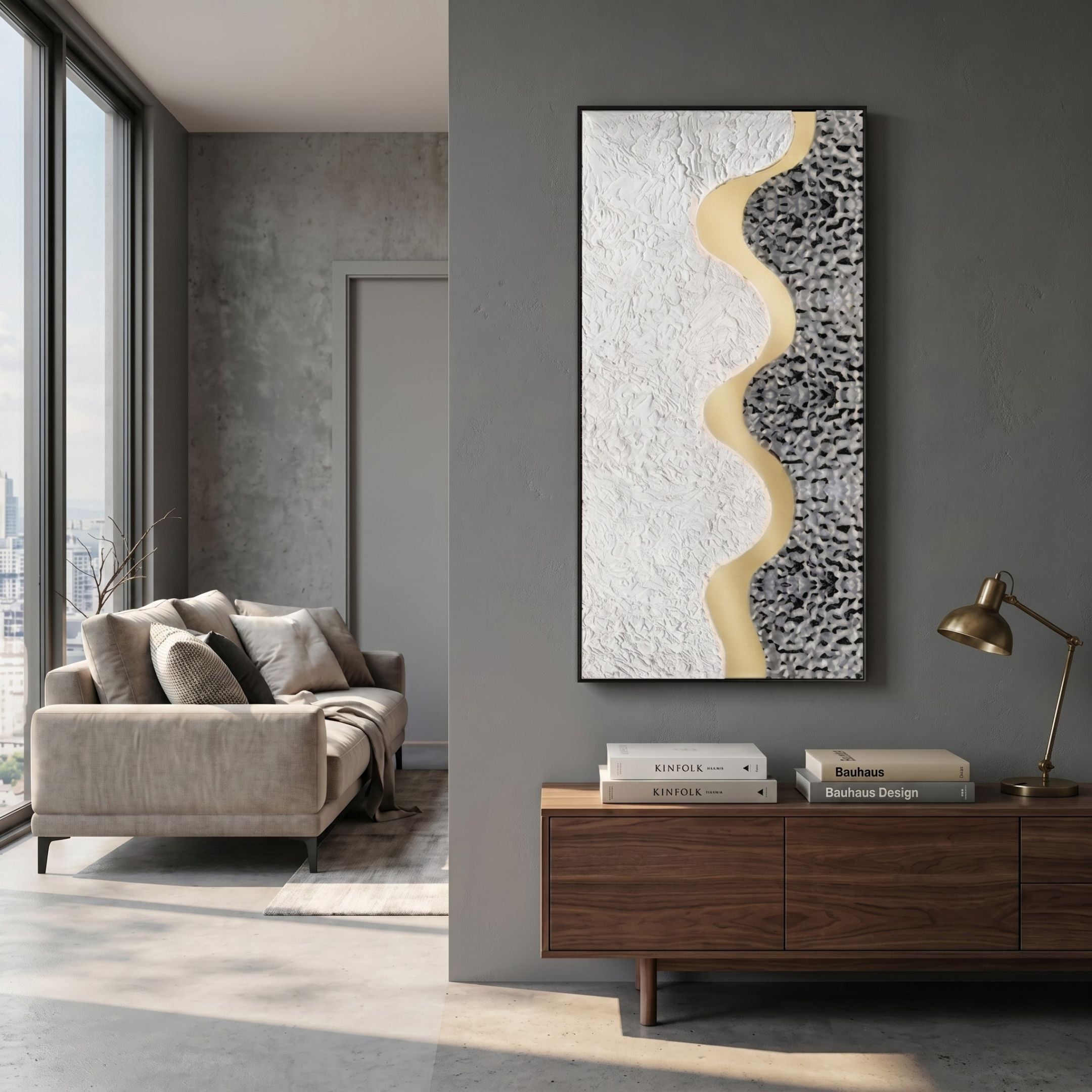 Serrana I White & Silver Wave Vertical 3D Wall Art by Giant Sculptures mounted on a grey wall above a walnut sideboard beside a beige sofa and brass lamp.