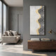 Serrana I White & Silver Wave Vertical 3D Wall Art by Giant Sculptures mounted on a grey wall above a walnut sideboard beside a beige sofa and brass lamp.