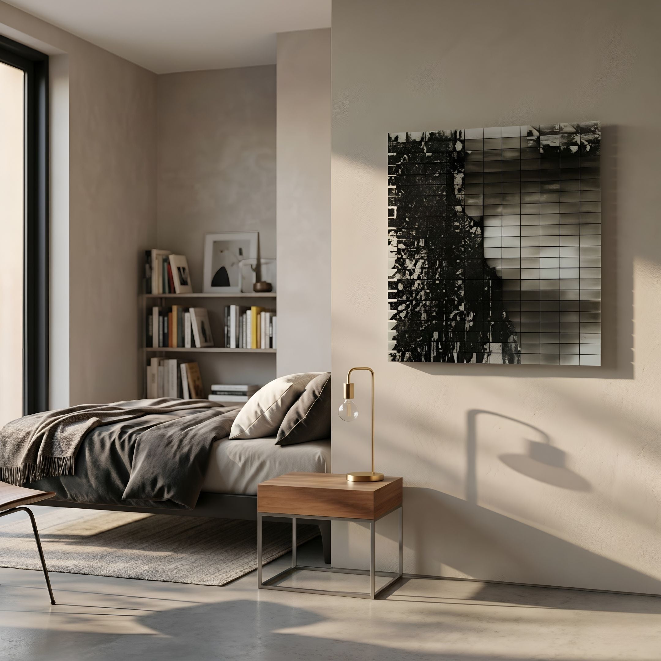Miravax Monochrome Ripple Grid Acrylic 3D Wall Art by Giant Sculptures displayed above a walnut bedside table in a modern bedroom with bed and bookshelf.