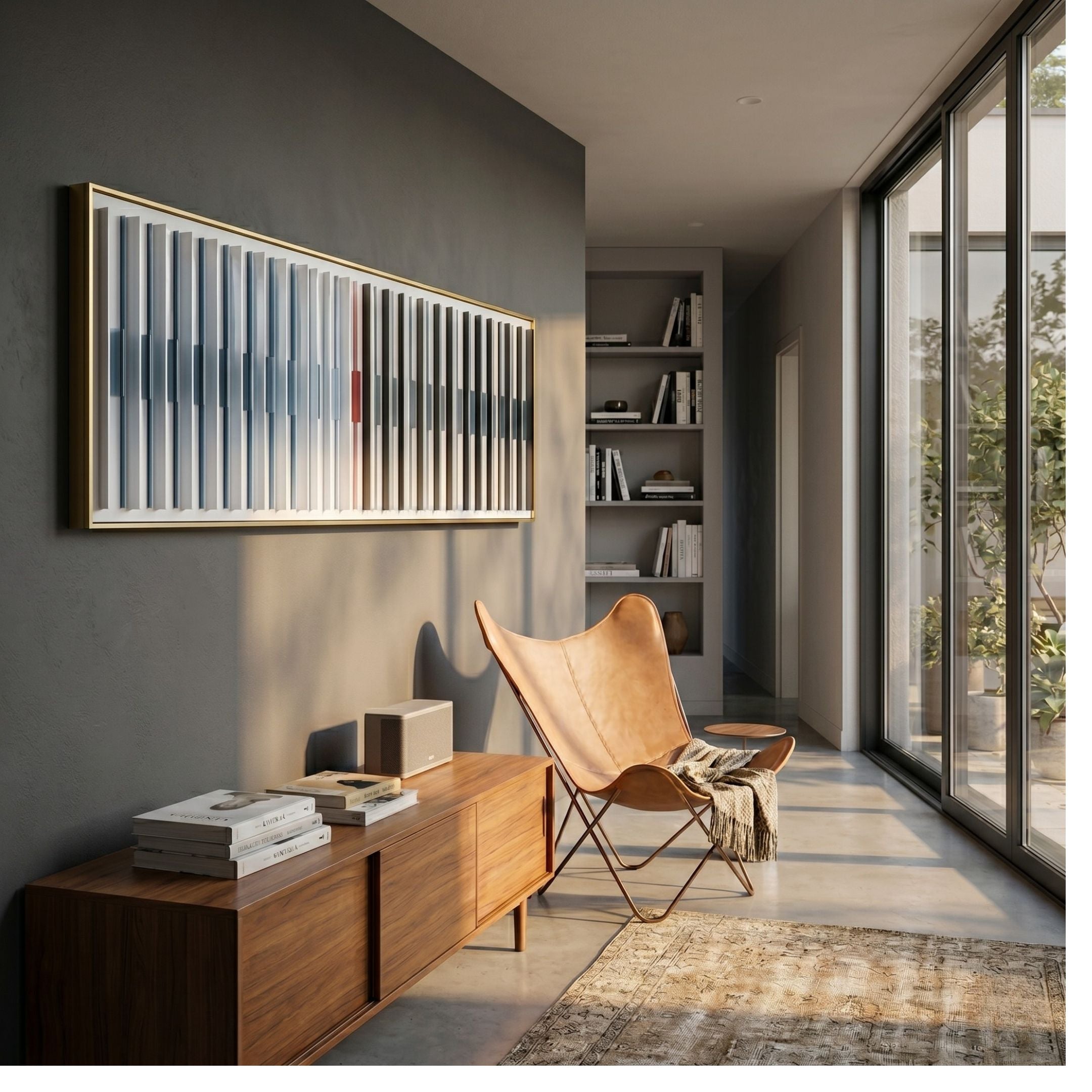 Straviu White Flow Stripe Acrylic 3D Wall Art in a gold frame mounted above a walnut sideboard, beside a tan leather butterfly chair in a sunlit room.