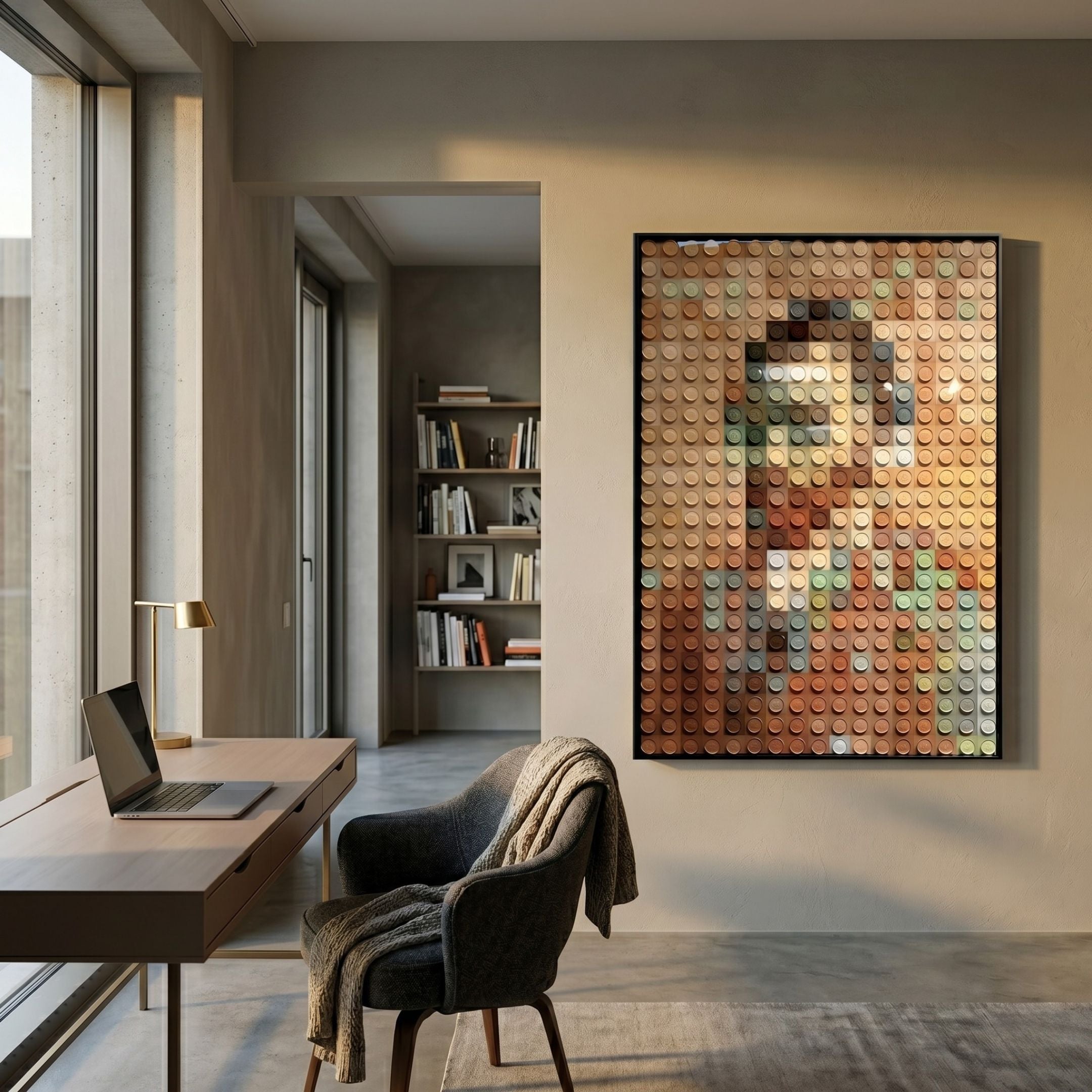 Pixelego Warm Hue Van Gogh Portrait Acrylic Block 3D Wall Art in a dark frame, mounted on a cream wall above a desk with laptop and reading chair.
