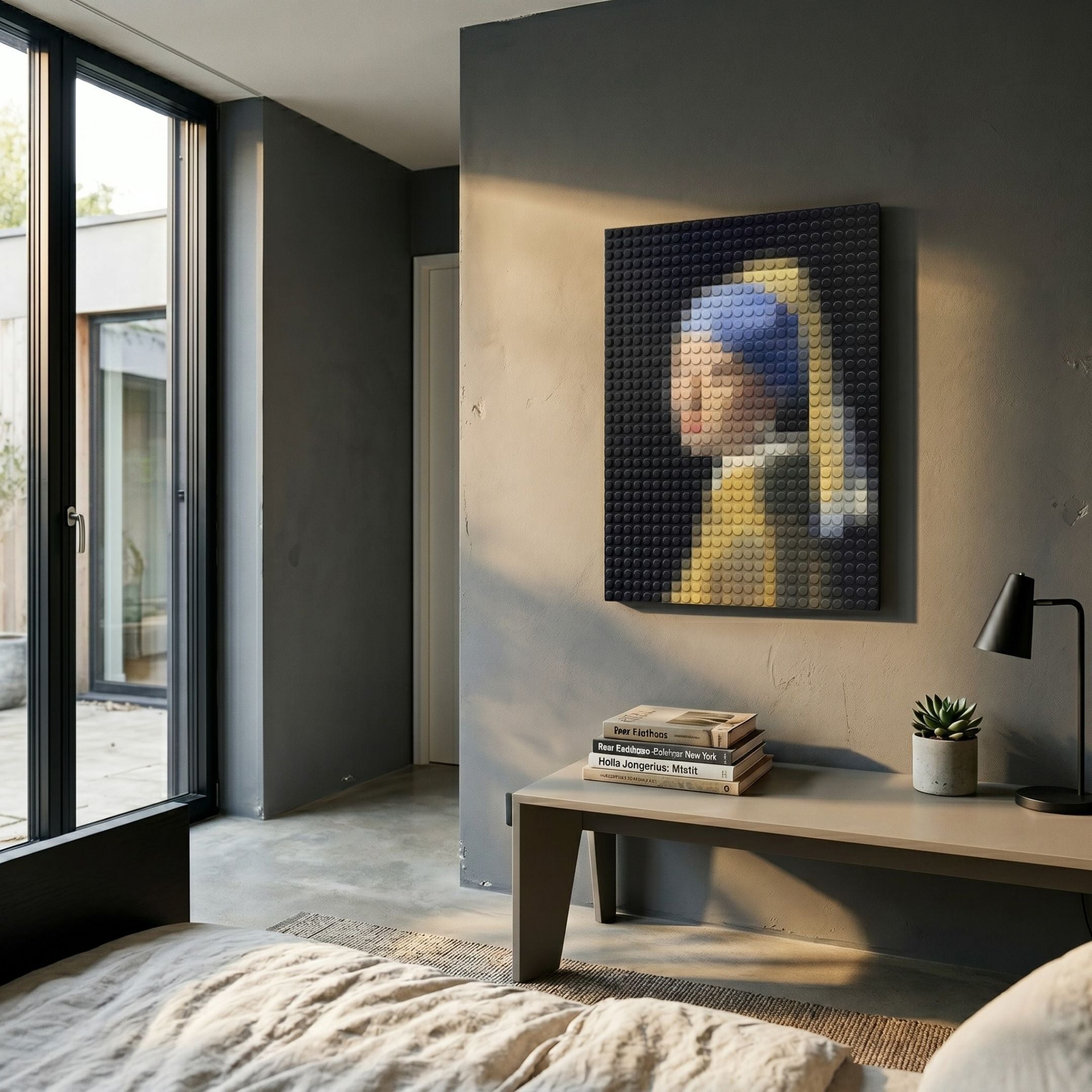 Pixelego Girl with a Pearl Earring Mosaic Acrylic 3D Wall Art in beige, blue, and ochre displayed on a grey bedroom wall above a bench with books.