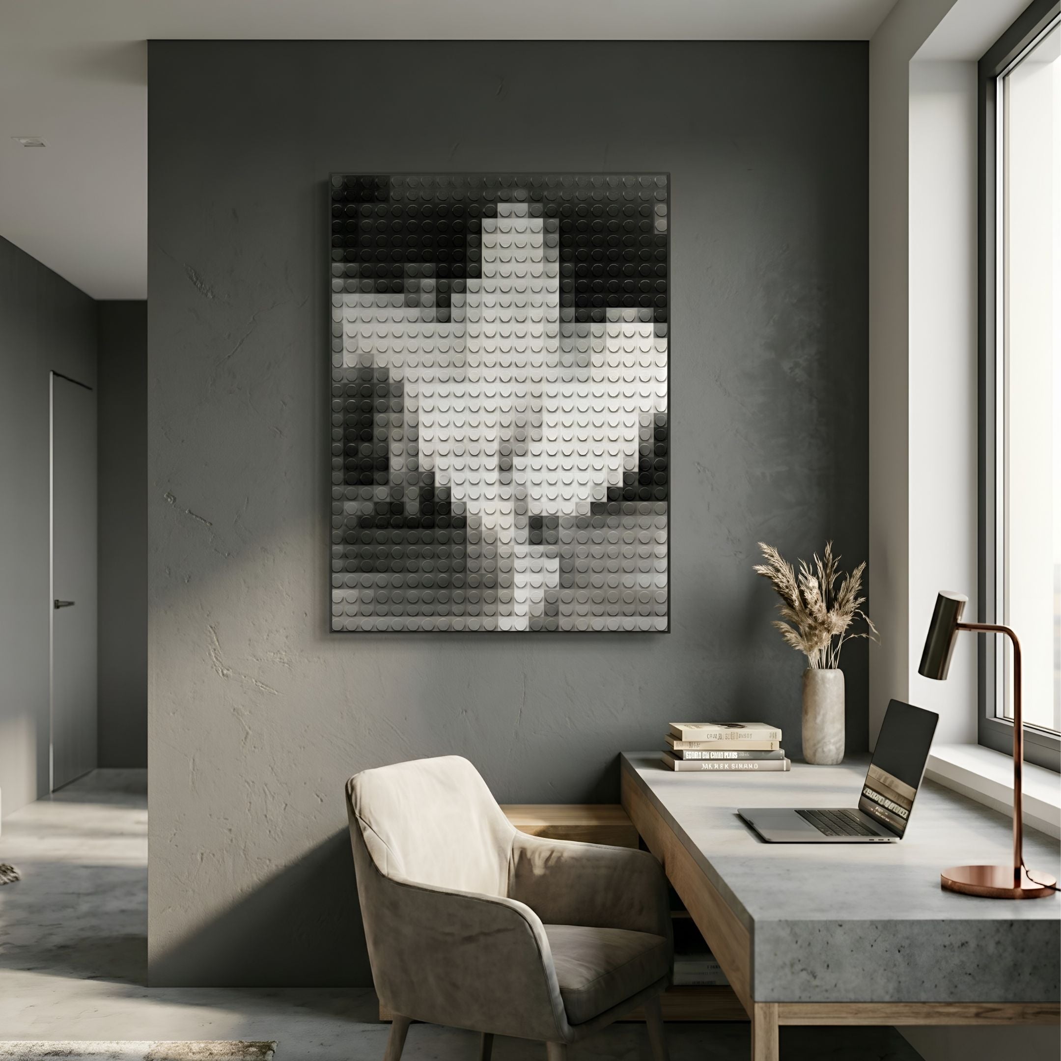 Pixelego Marilyn Monroe Mosaic Acrylic 3D Wall Art in greyscale, displayed on a dark grey wall above a concrete desk with chair, laptop, and lamp.