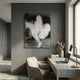 Pixelego Marilyn Monroe Mosaic Acrylic 3D Wall Art in greyscale, displayed on a dark grey wall above a concrete desk with chair, laptop, and lamp.