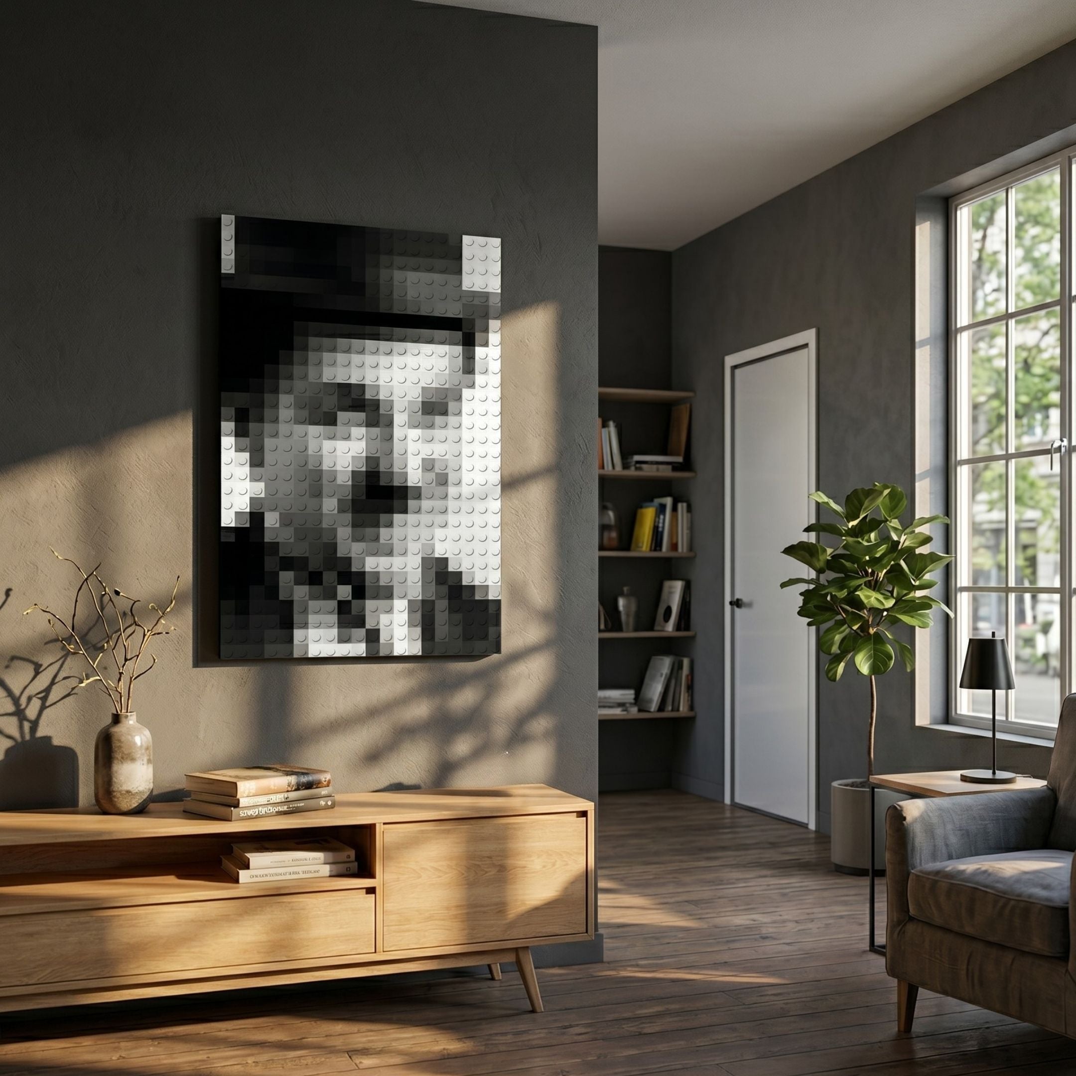 Pixelego Charlie Chaplin Portrait Acrylic Block 3D Wall Art mounted on a dark grey wall above a wooden sideboard in a sunlit living room with bookshelves.