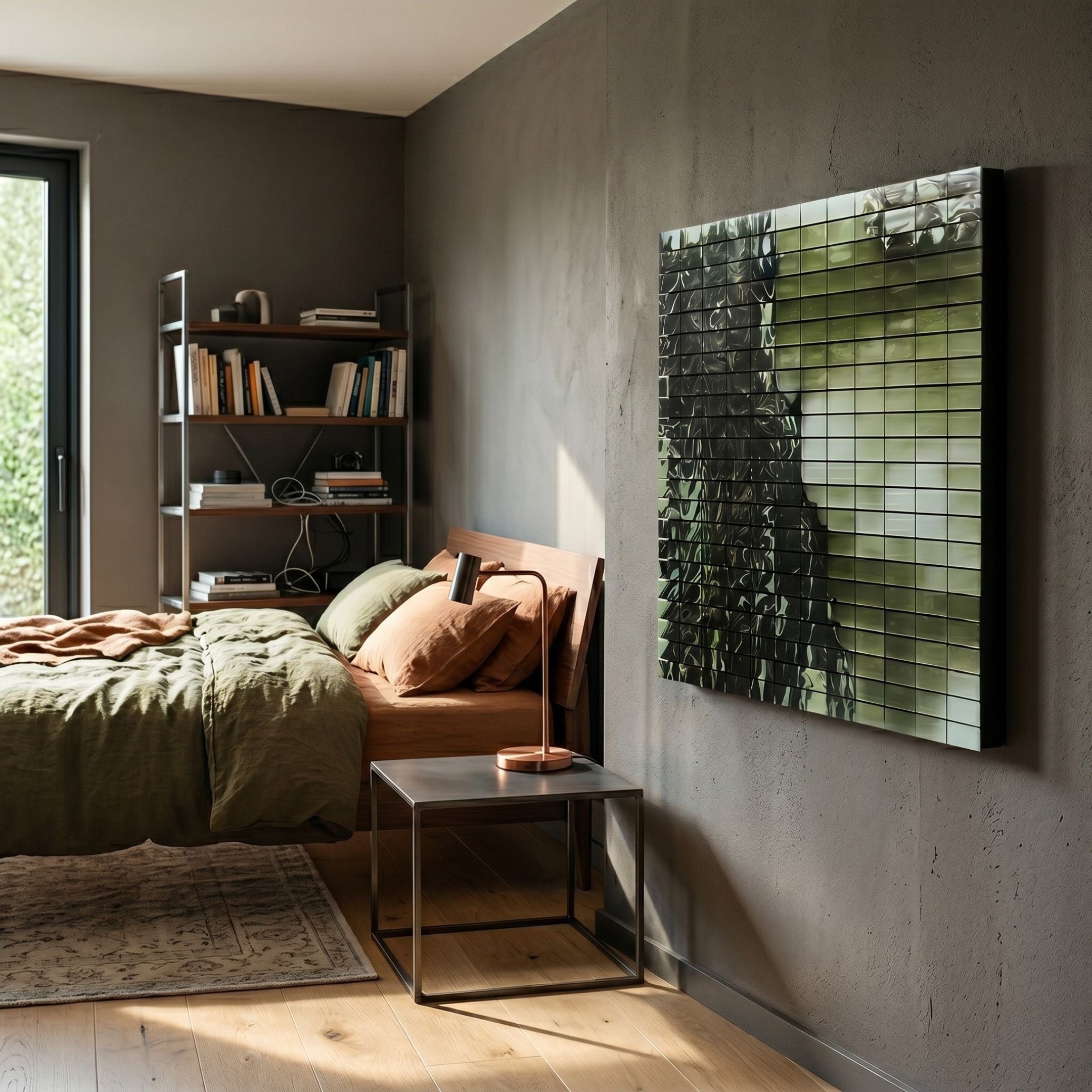 Miravax Olive Ripple Grid Acrylic 3D Wall Art mounted on a grey bedroom wall above a side table, beside a bed with olive and terracotta linen.