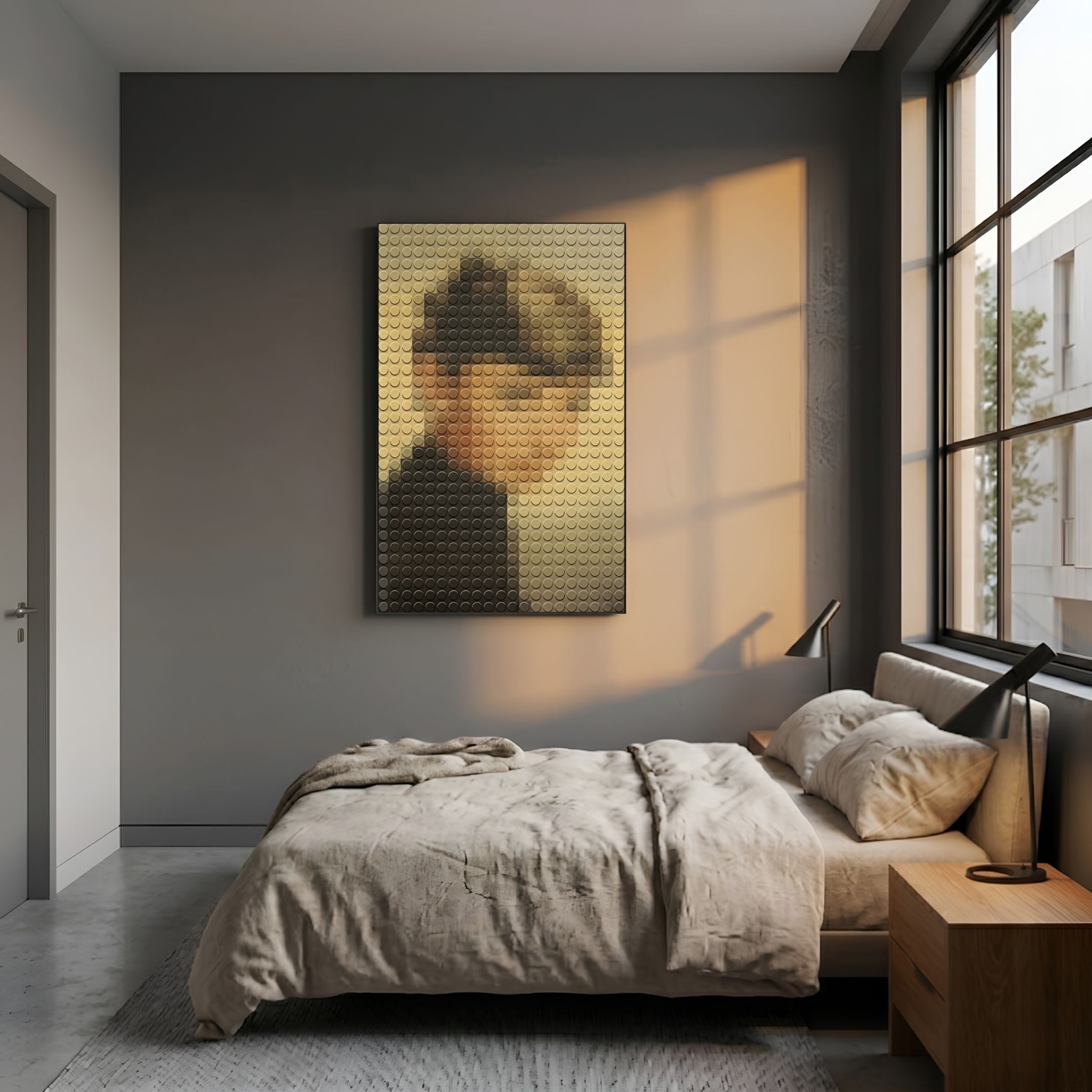 Pixelego Audrey Hepburn Portrait Acrylic Block 3D Wall Art in warm beige and brown tones mounted on a grey bedroom wall above a linen-dressed bed.