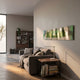 Minara Green & Gold Glint Palace 3D Button Wall Art by Giant Sculptures mounted above a grey sofa in a modern living room with bookshelf and side table.