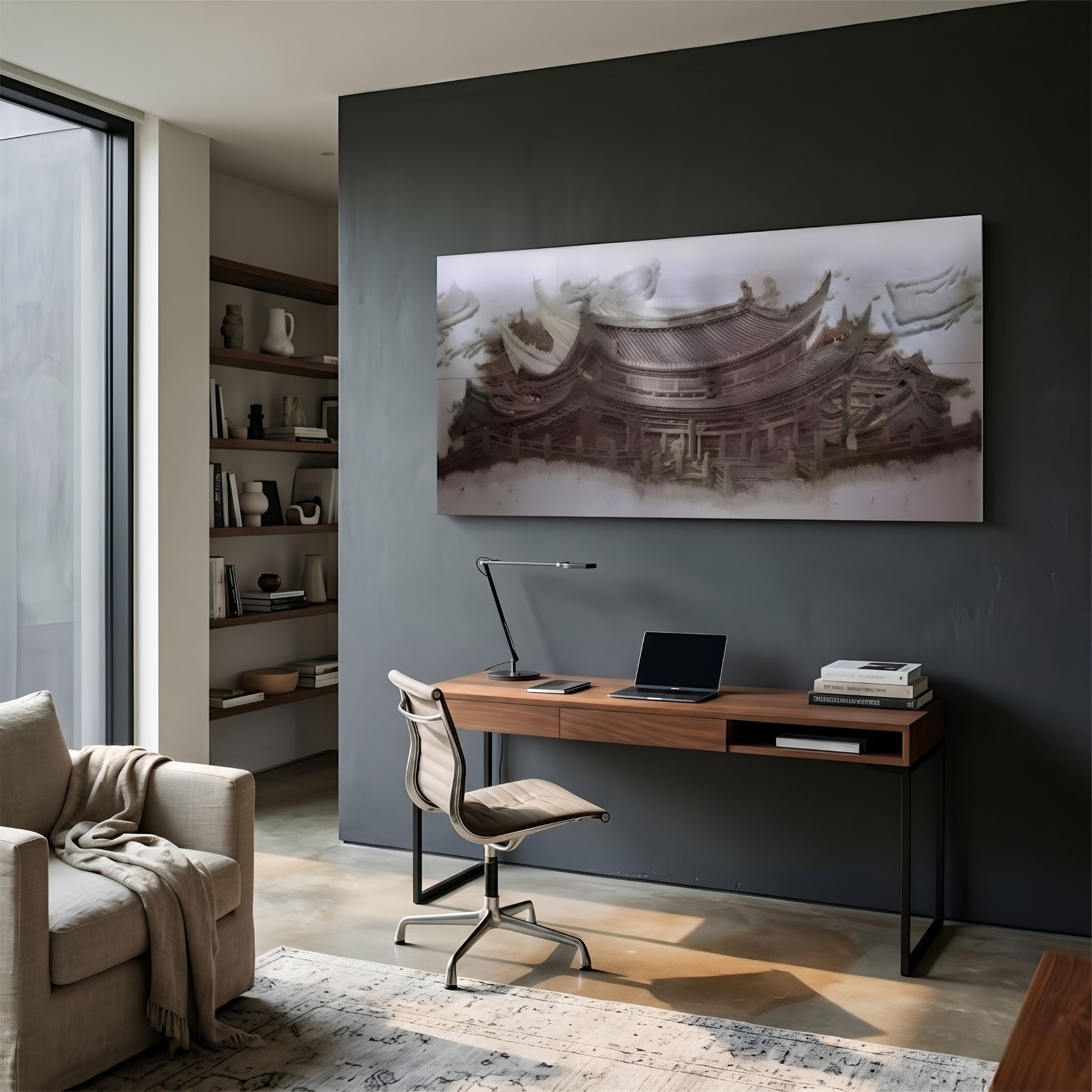 Minara Bronze Pagoda 3D Button Wall Art by Giant Sculptures displayed above a walnut desk in a modern home office with a grey accent wall and bookshelf.