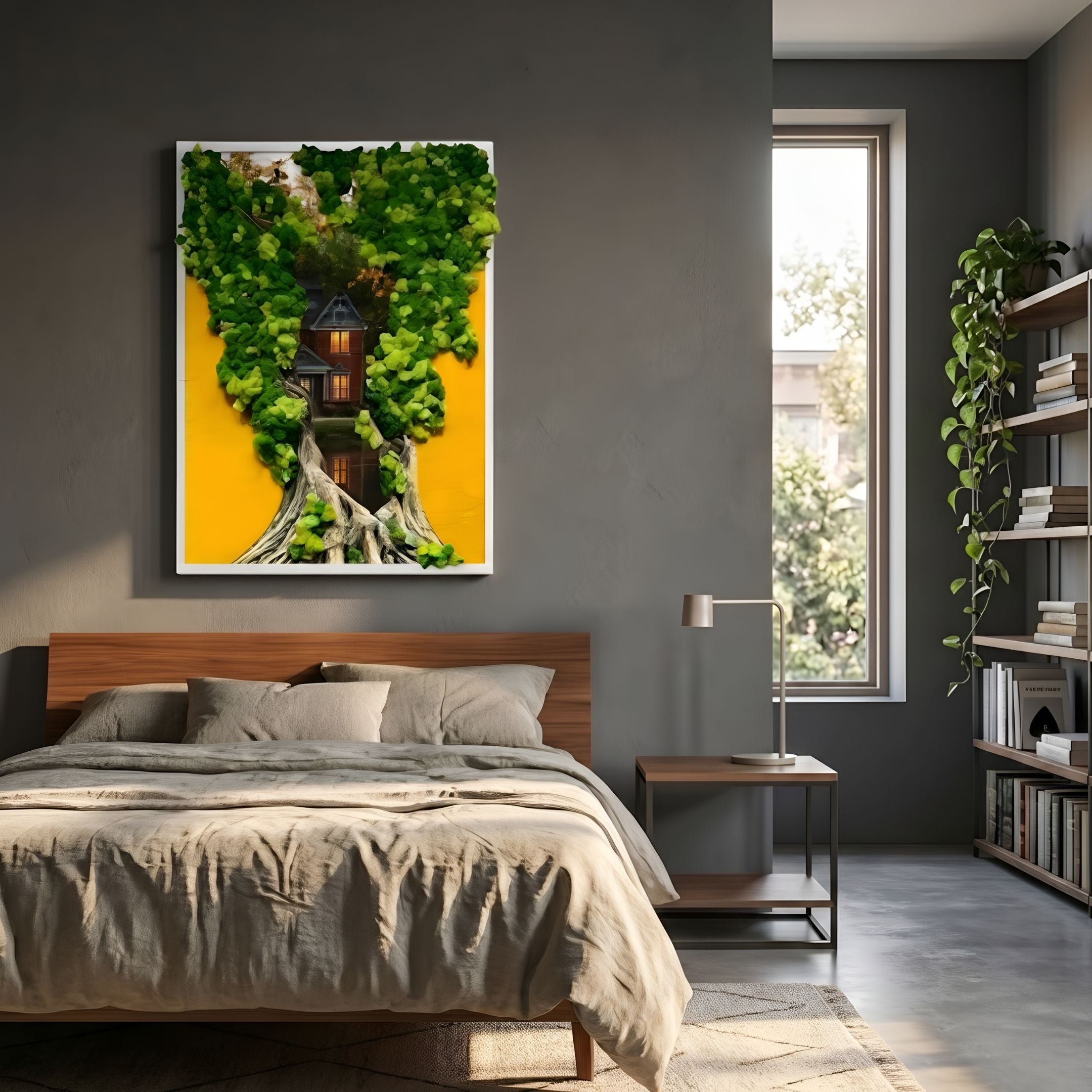 Truvira Autumn Porch House Moss Framed 3D Wall Art by Giant Sculptures with preserved green moss and miniature house on yellow, above a wooden bed.
