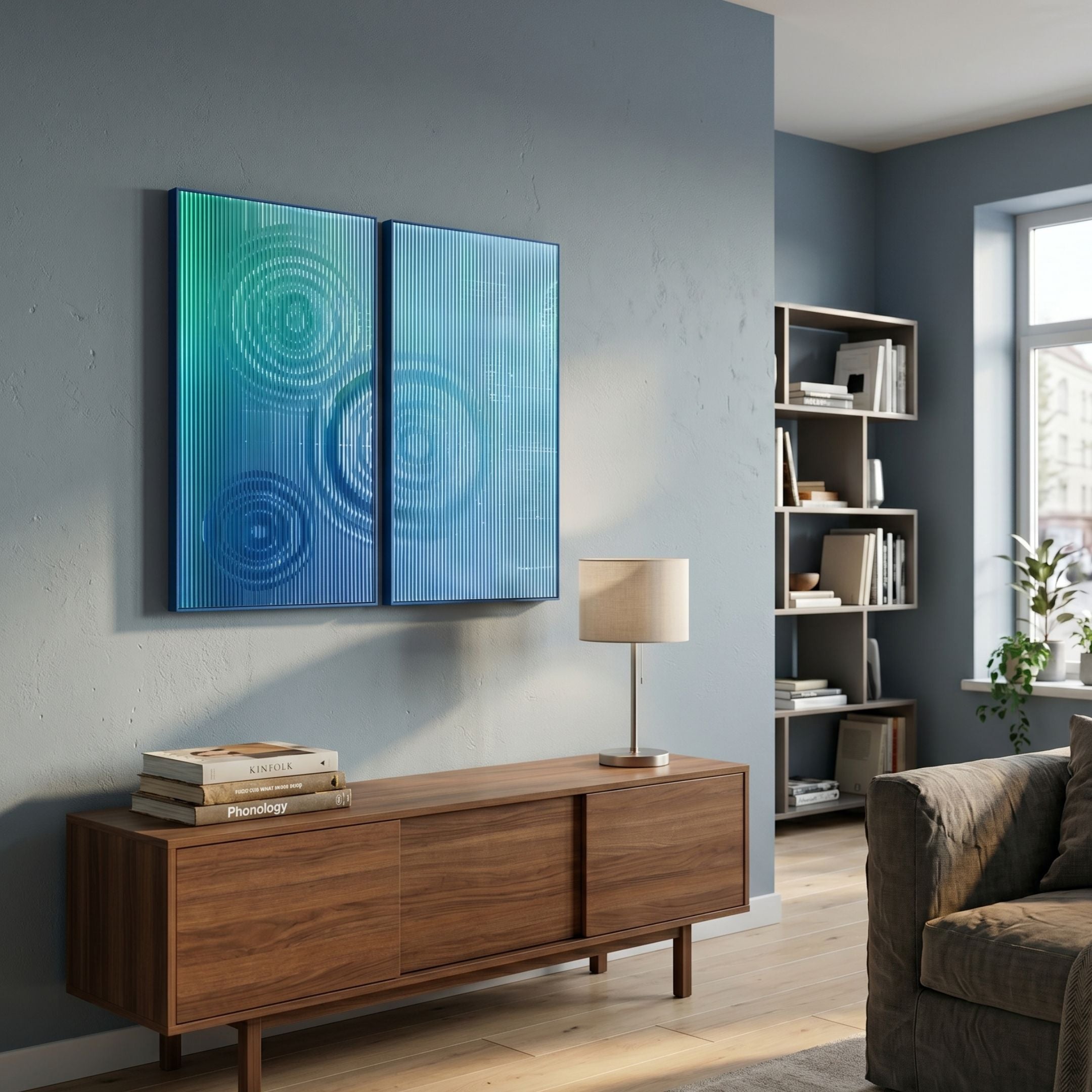 Cirquora Blue I Gradient Ripple Diptych Acrylic 3D Wall Art by Giant Sculptures with teal-to-blue ridged slats, mounted above a walnut sideboard in a living room.