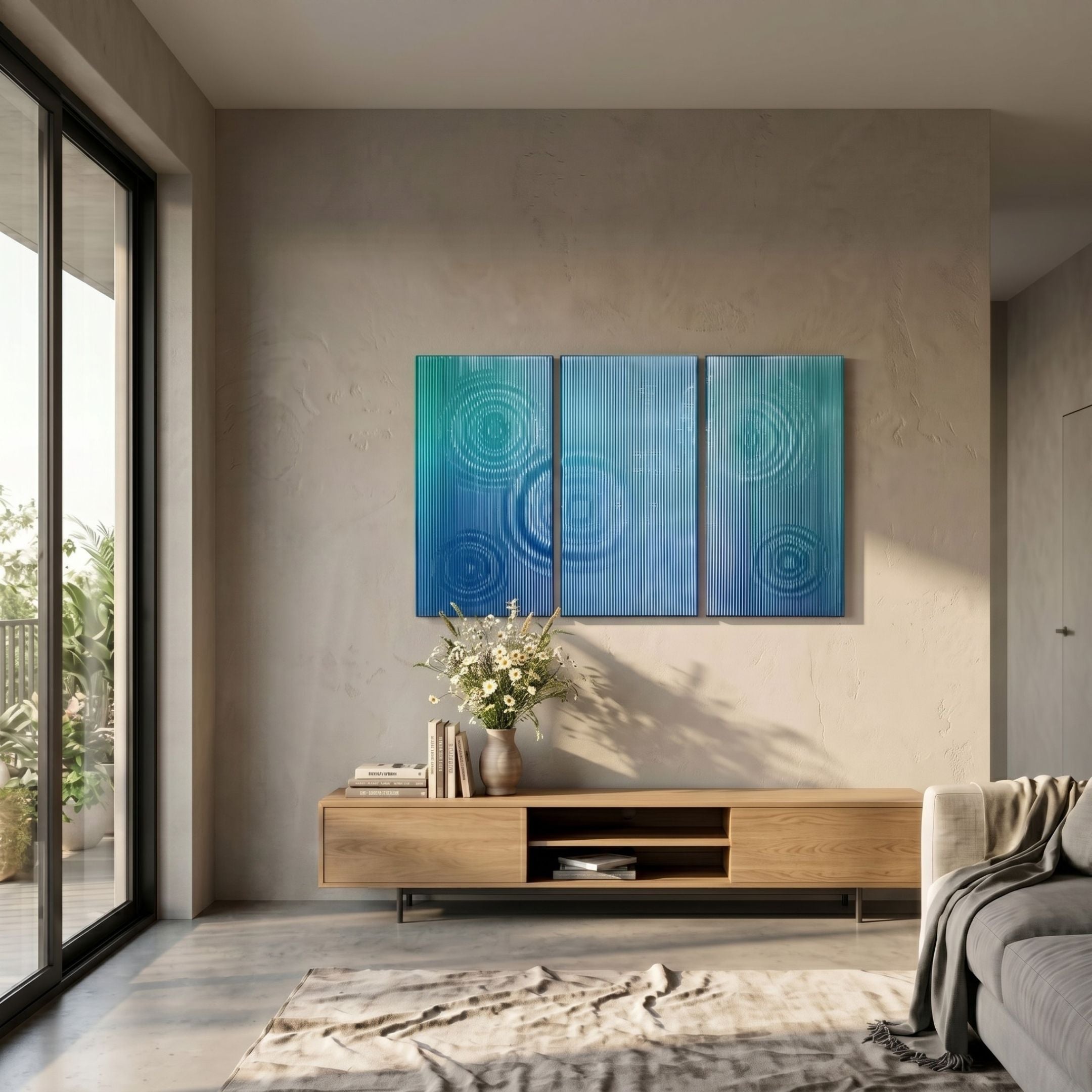 Cirquora Blue Gradient Ripple Triptych Acrylic 3D Wall Art mounted above a wooden console with flowers in a sunlit modern living room.