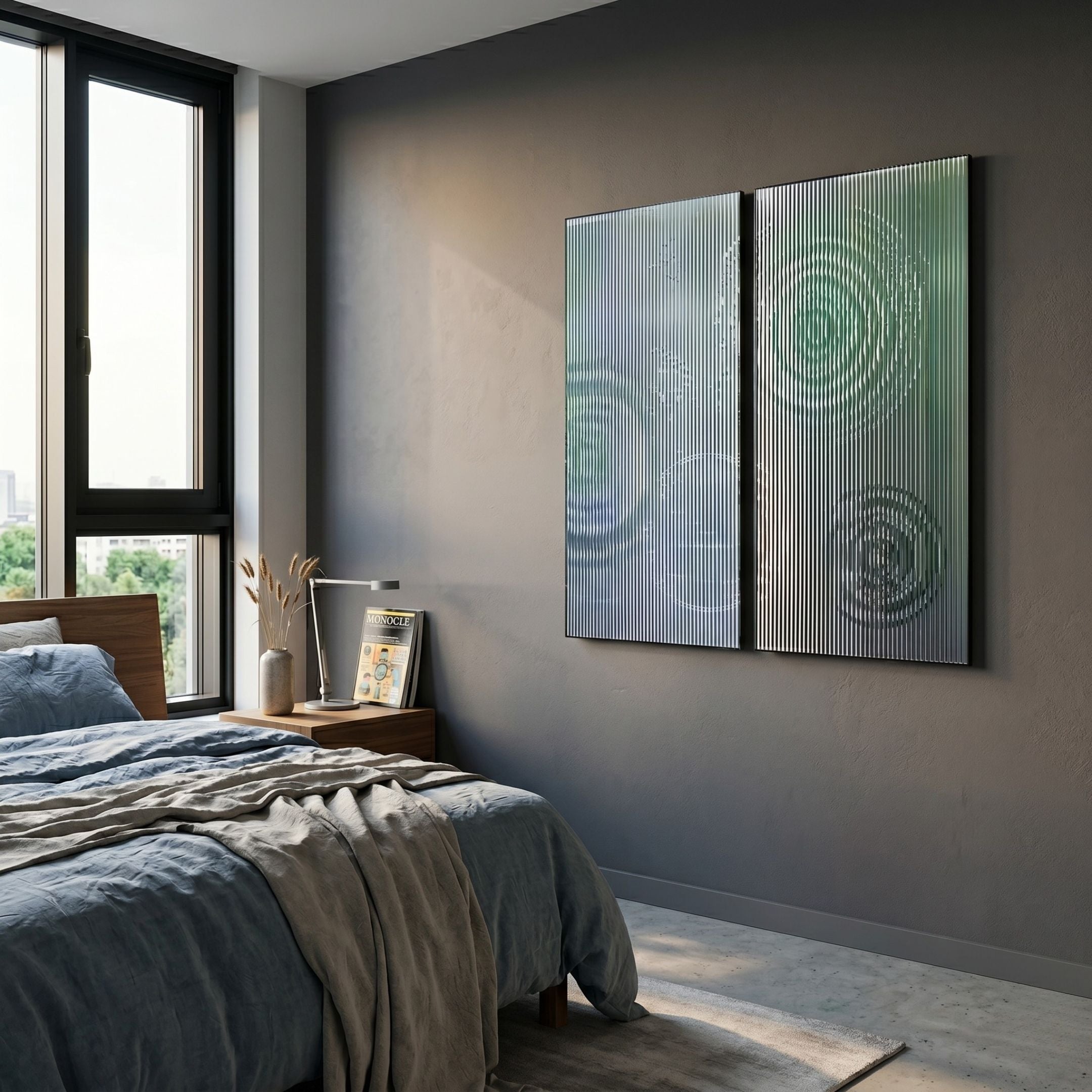 Cirquora Green II Gradient Ripple Diptych Acrylic 3D Wall Art by Giant Sculptures mounted on a grey bedroom wall beside a window and bed with blue linen.