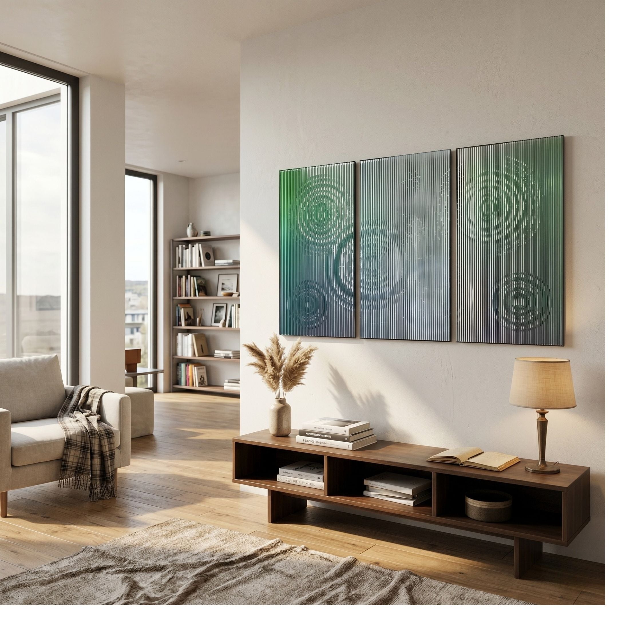 Cirquora Green Gradient Ripple Triptych Acrylic 3D Wall Art by Giant Sculptures mounted above a walnut console in a sunlit modern living room.
