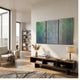 Cirquora Green Gradient Ripple Triptych Acrylic 3D Wall Art by Giant Sculptures mounted above a walnut console in a sunlit modern living room.