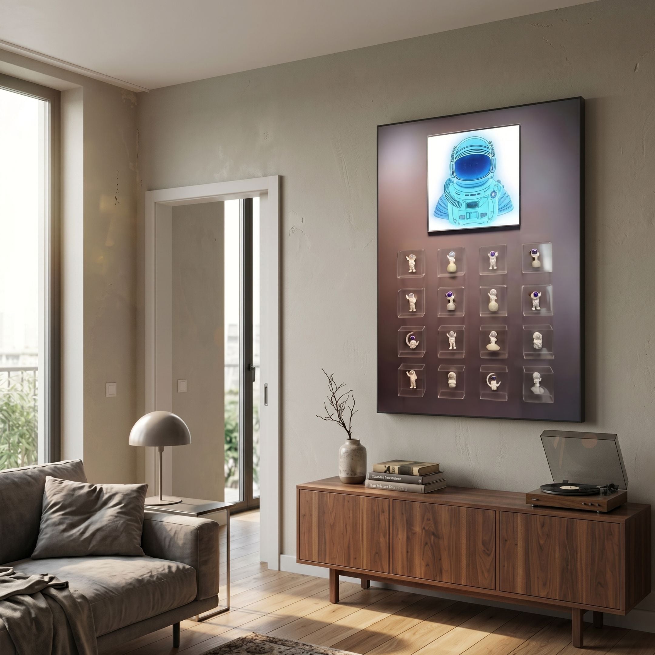 Iconivault Astronaut Display With Neon Space Helmet 3D Wall Art mounted on a beige living room wall above a walnut sideboard with turntable, vase, and books.