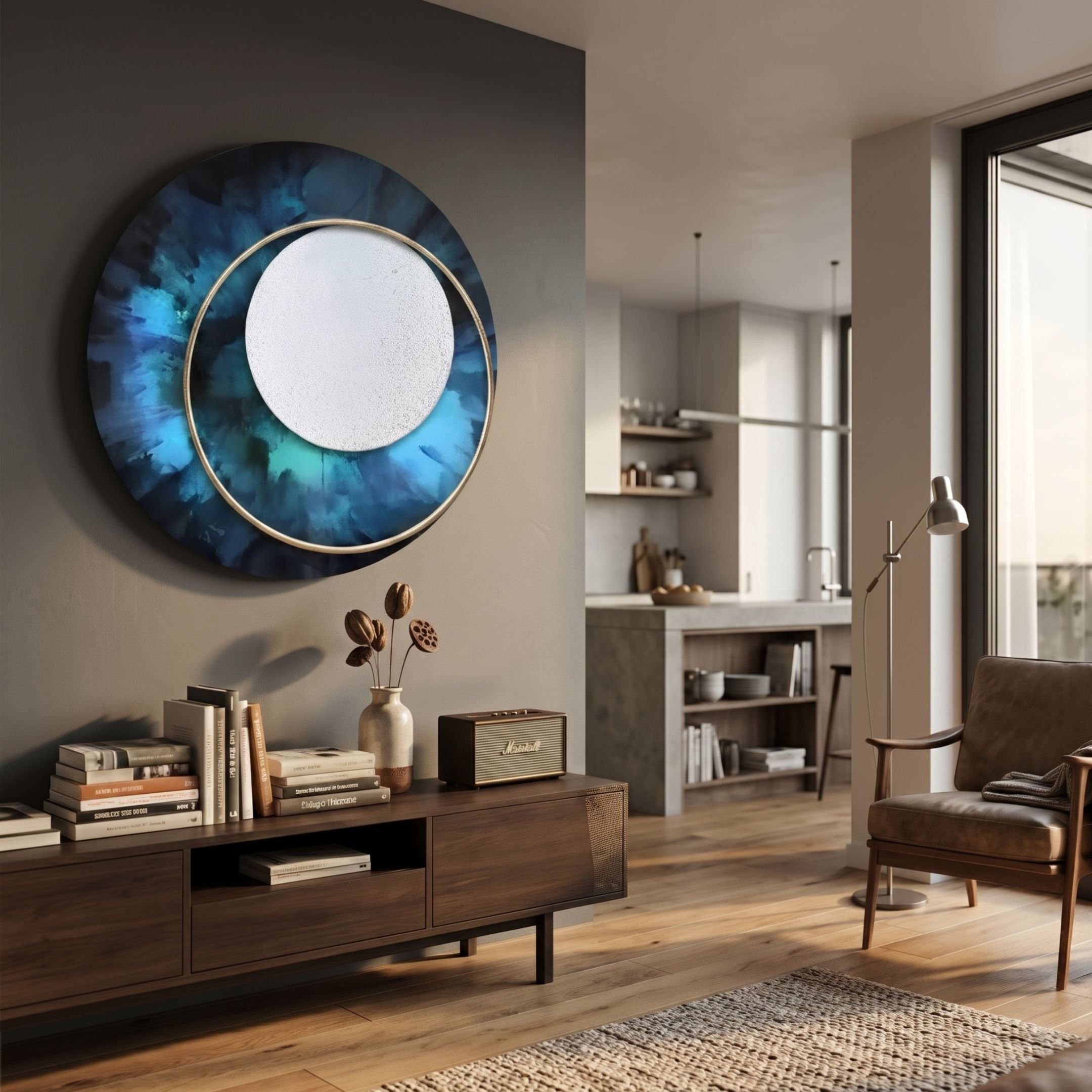Solara Sapphire White Disc & Metal Ring 3D Wall Art by Giant Sculptures displayed above a walnut console with books in a modern living room.