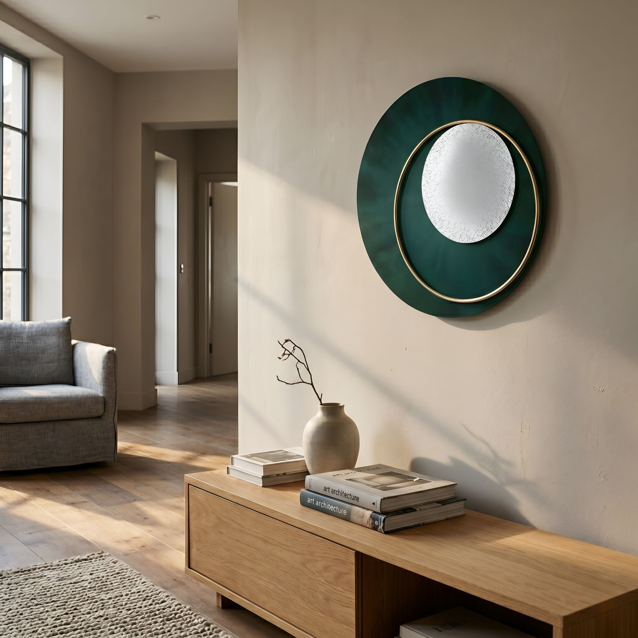 Solara Deep Teal White Disc & Metal Ring 3D Wall Art by Giant Sculptures mounted in a sunlit hallway above a wooden console with a ceramic vase and books.