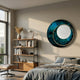 Solara Emerald White Disc & Metal Ring 3D Wall Art by Giant Sculptures displayed above a bed beside a wooden bookshelf in a sunlit modern bedroom.