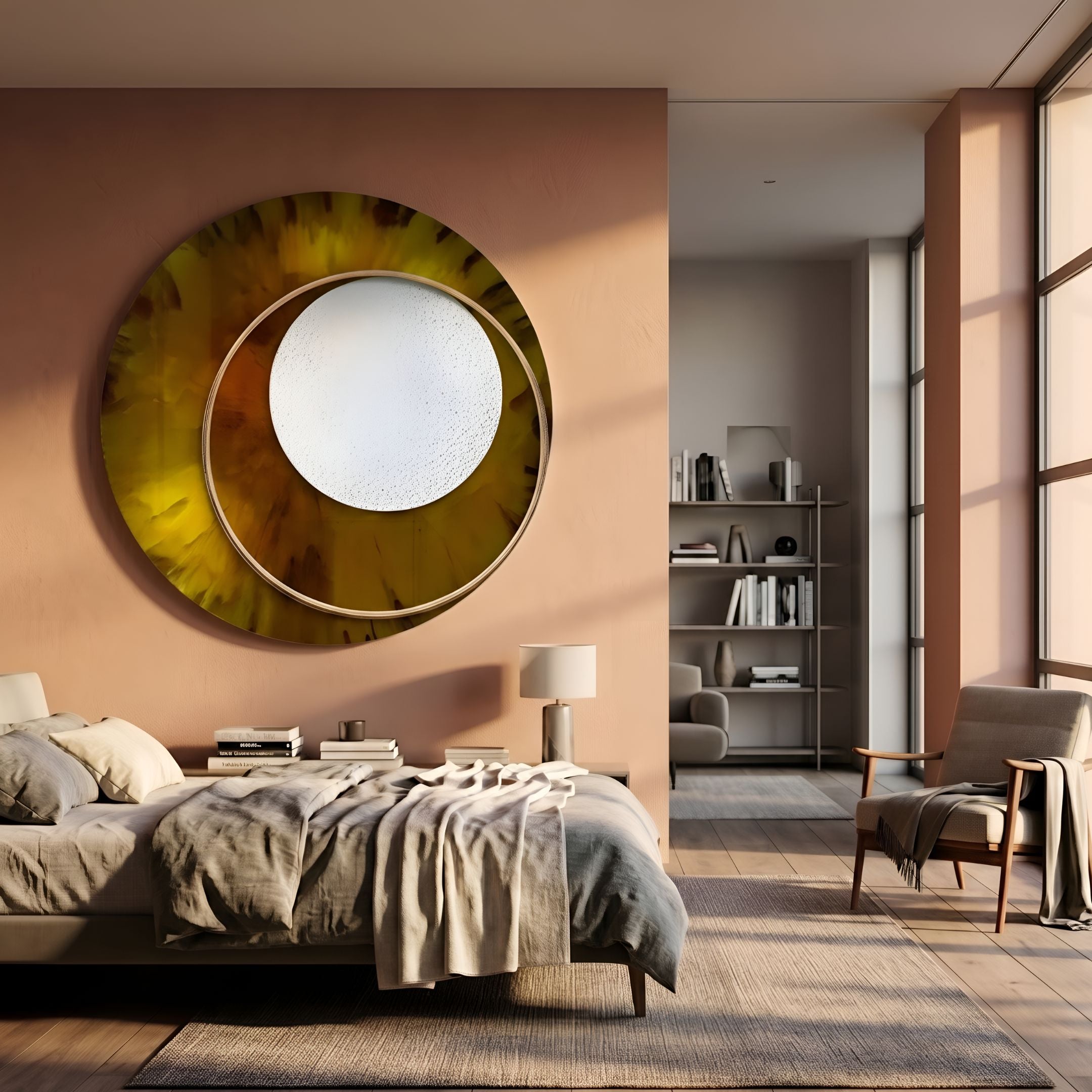Solara Amber White Disc & Metal Ring 3D Wall Art by Giant Sculptures mounted above a bed in a warm peach bedroom with armchair and bookshelf nearby.