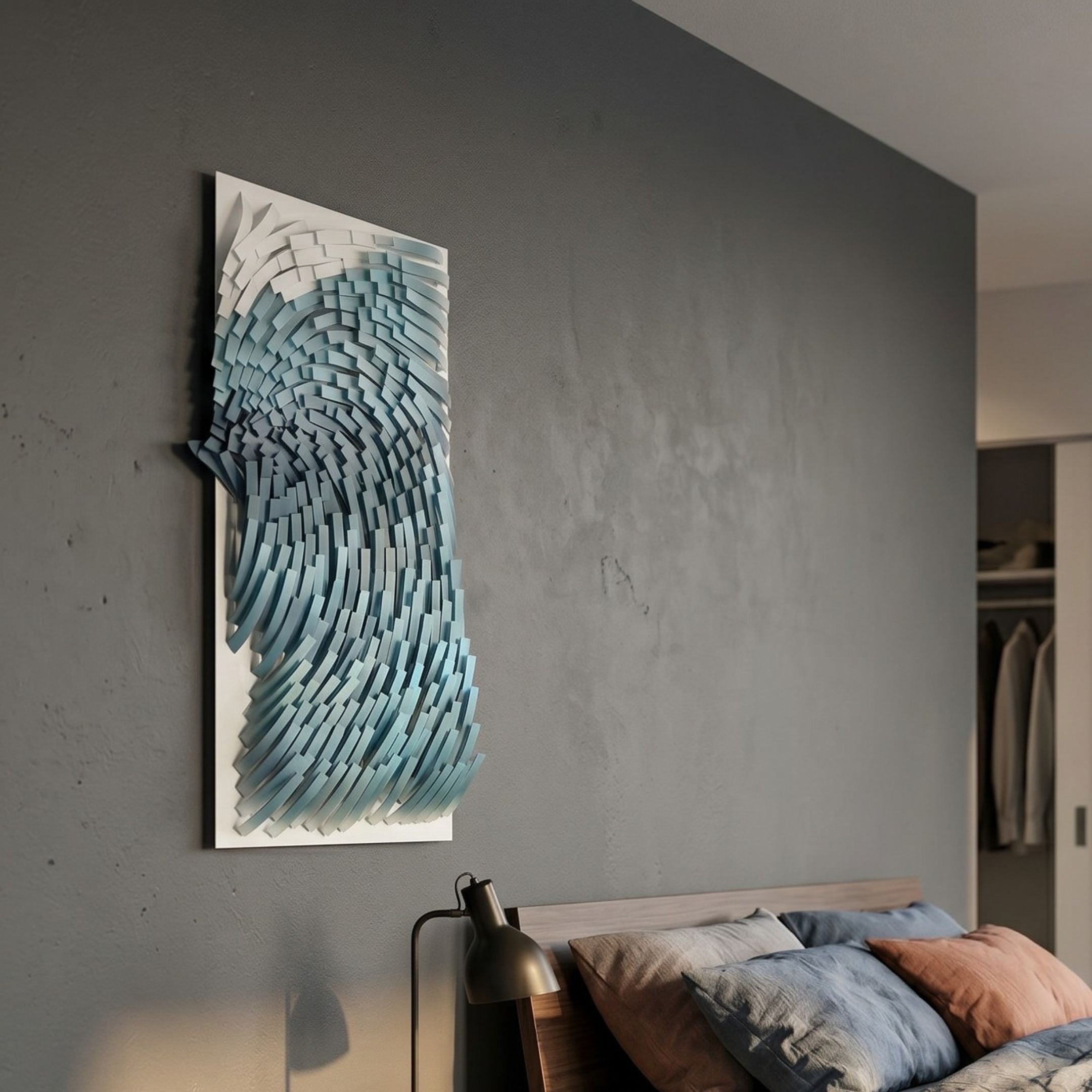Avarin Teal Blue Wave Swirl Acrylic Tile 3D Wall Art by Giant Sculptures mounted on a grey bedroom wall above a wooden bed with lamp and cushions.