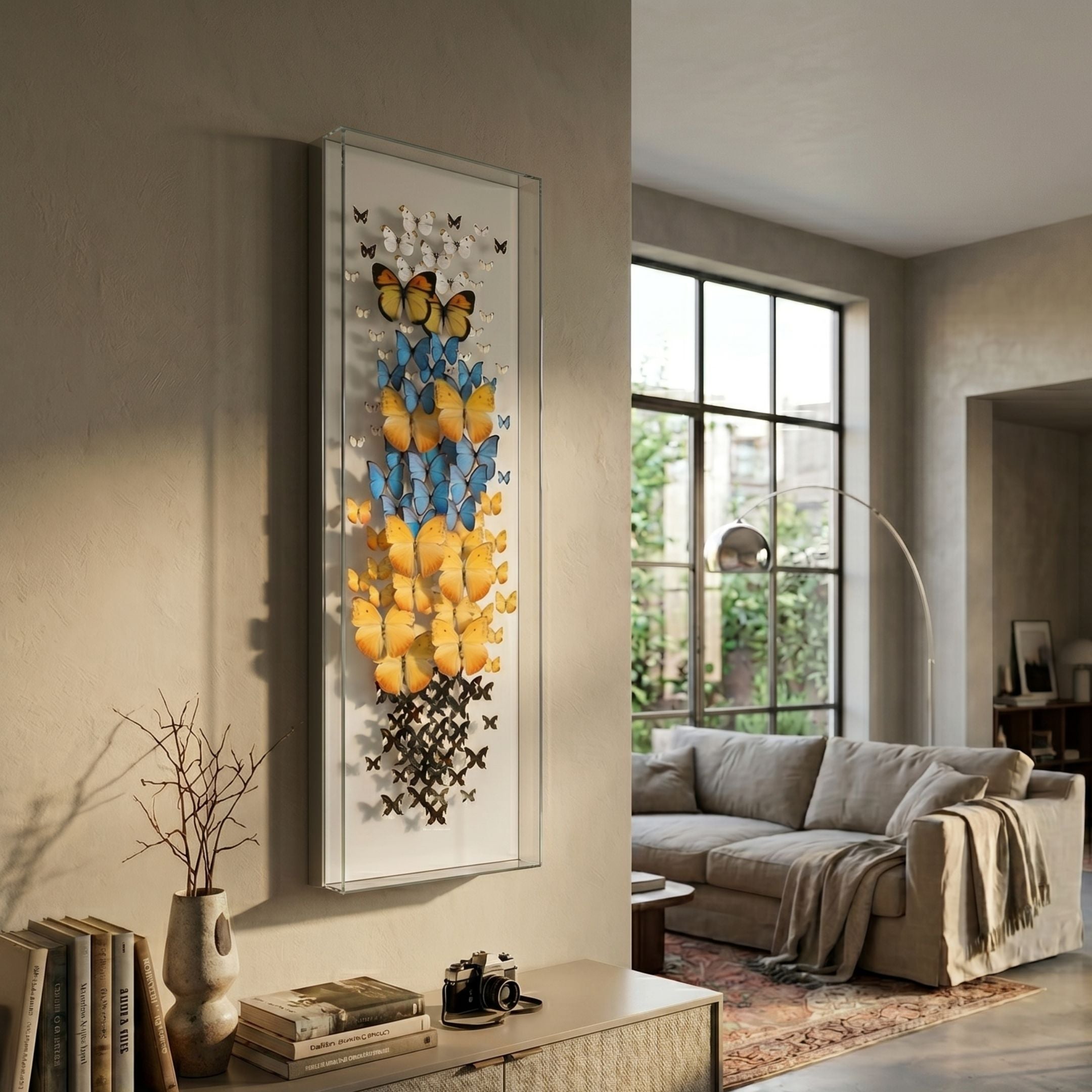 Papillora Blue & Yellow Gradient Butterfly Acrylic 3D Wall Art by Giant Sculptures mounted on a beige living room wall beside a large window and grey sofa.