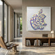 Holoira Apple Form Iridescent Ripple Acrylic 3D Wall Art in lilac, blue, gold, and pink tiles, framed in white above a wooden console in a modern hallway.