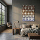 Foliora Cocoa & Lilac Grid Leaf Acrylic 3D Wall Art displayed above a linen bed in a grey-toned bedroom with a wooden side table and brass desk lamp.