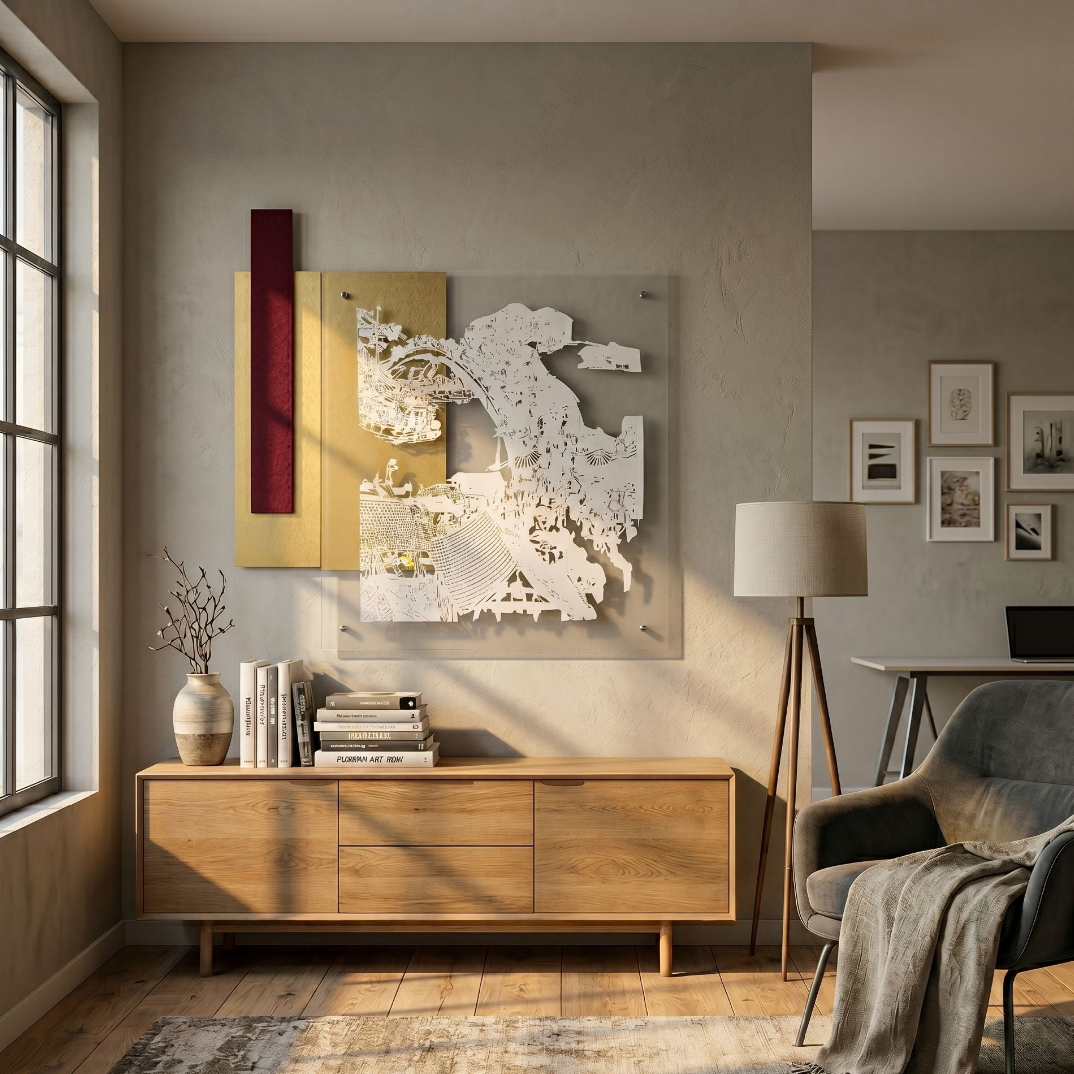 Inkarch Red & Gold Garden Walk Acrylic 3D Wall Art by Giant Sculptures mounted above an oak sideboard in a sunlit living room with floor lamp and armchair.