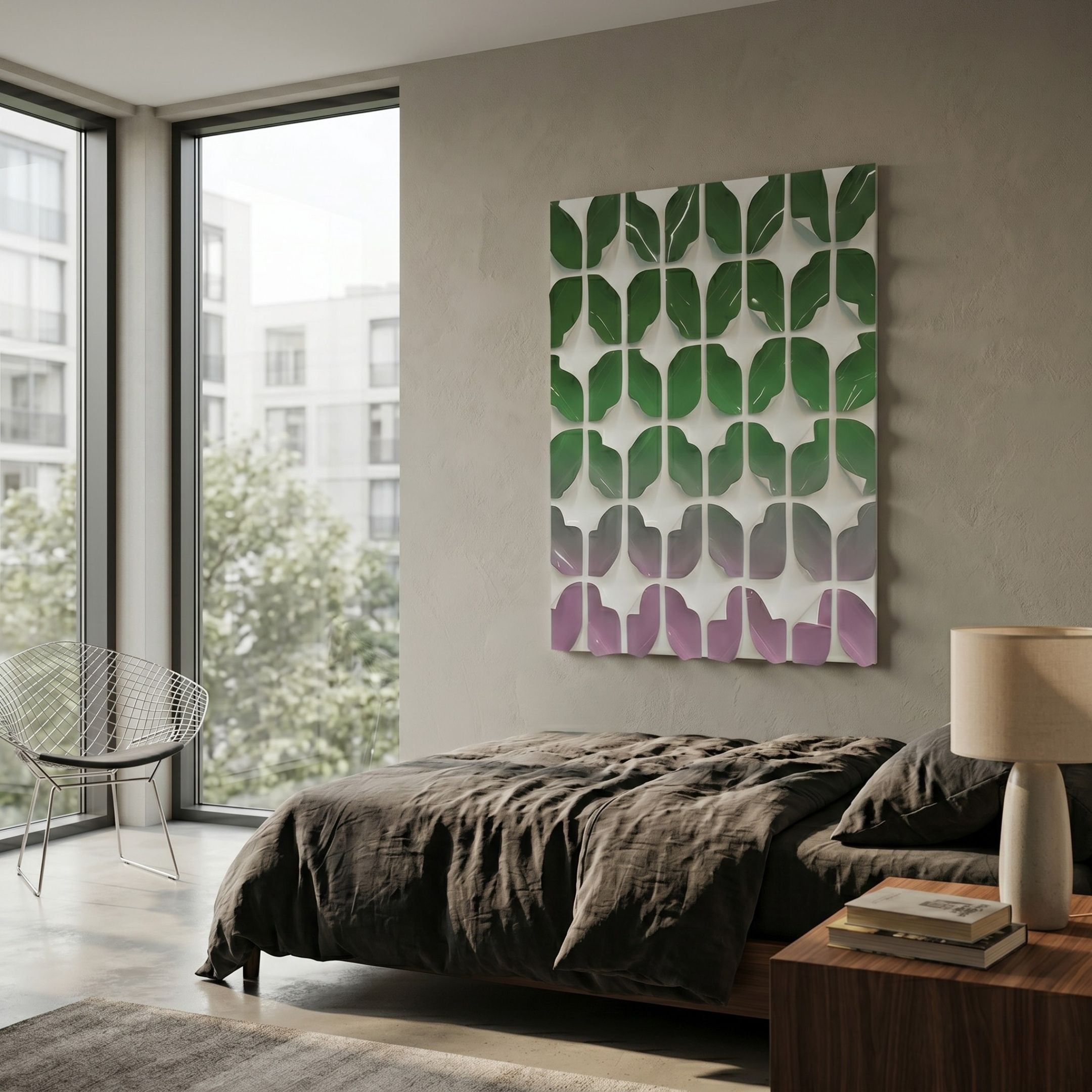 Foliora Green & Orchid Grid Leaf Acrylic 3D Wall Art mounted above a bed with brown linens, beside a floor-to-ceiling window and wire chair.