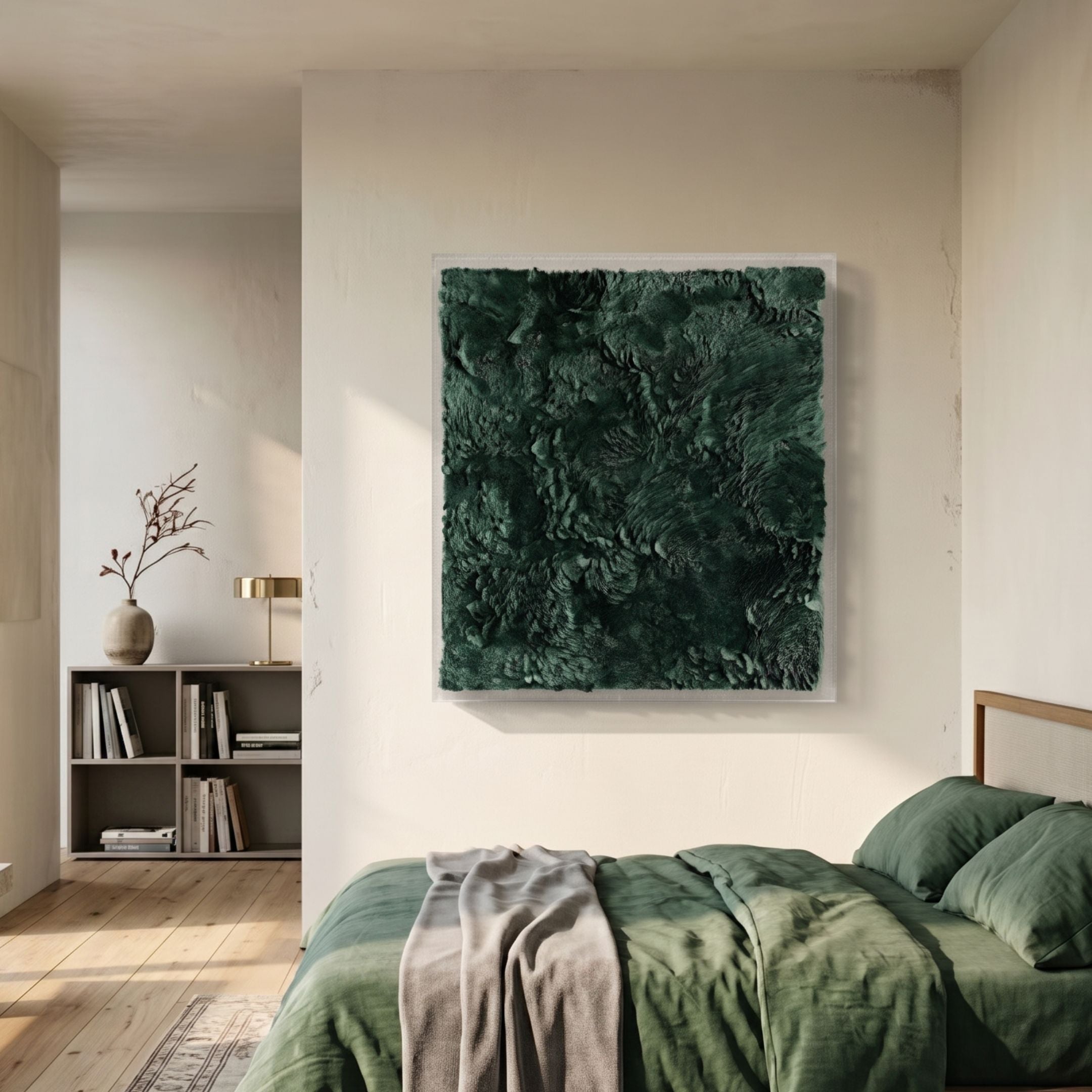 Auralith Deep Green Layered Leather & Acrylic 3D Wall Art by Giant Sculptures displayed above a green-linen bed in a modern bedroom with bookshelf.