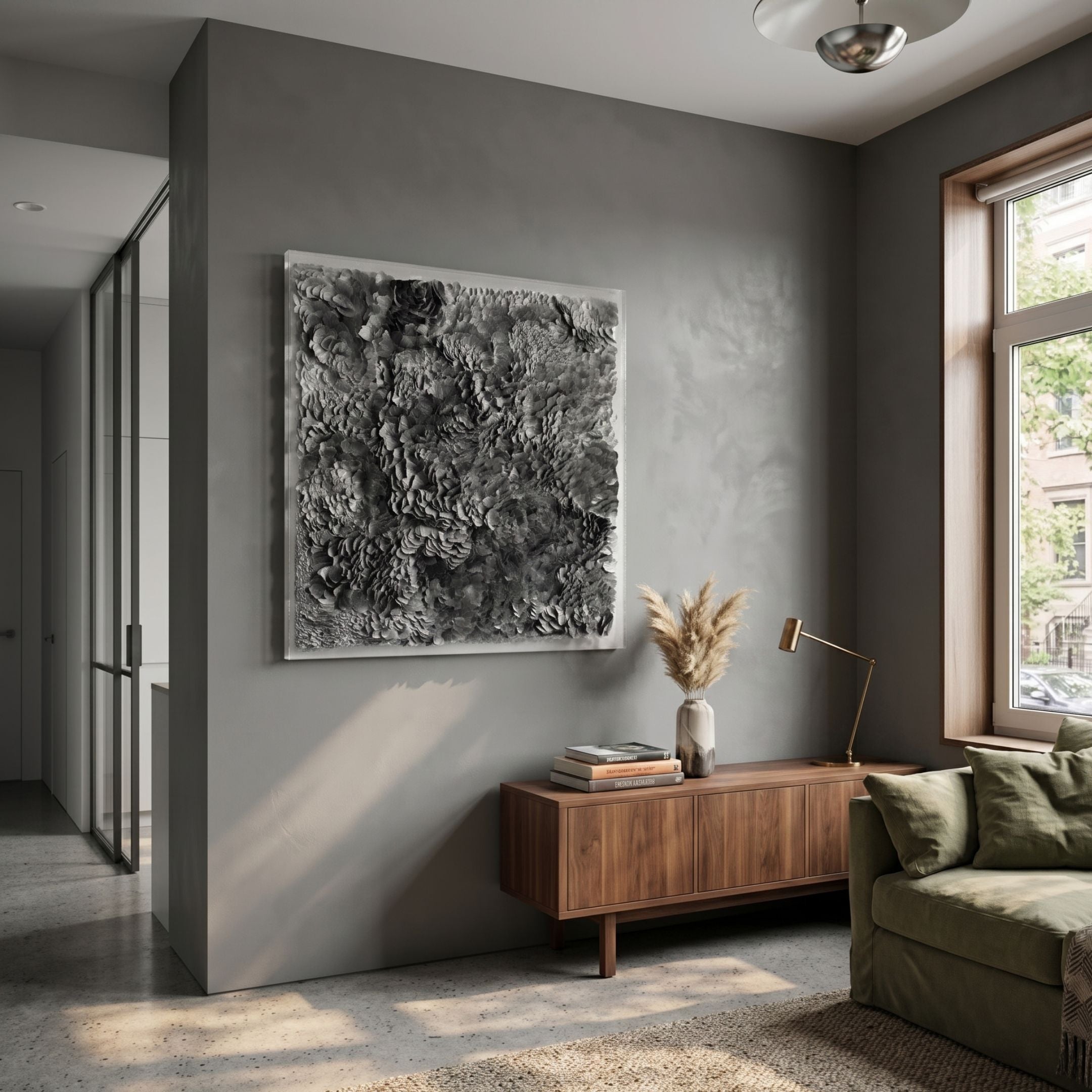 Auralith Grey Layered Leather & Acrylic 3D Wall Art mounted on a grey wall above a walnut sideboard with pampas grass, beside a green sofa and window.